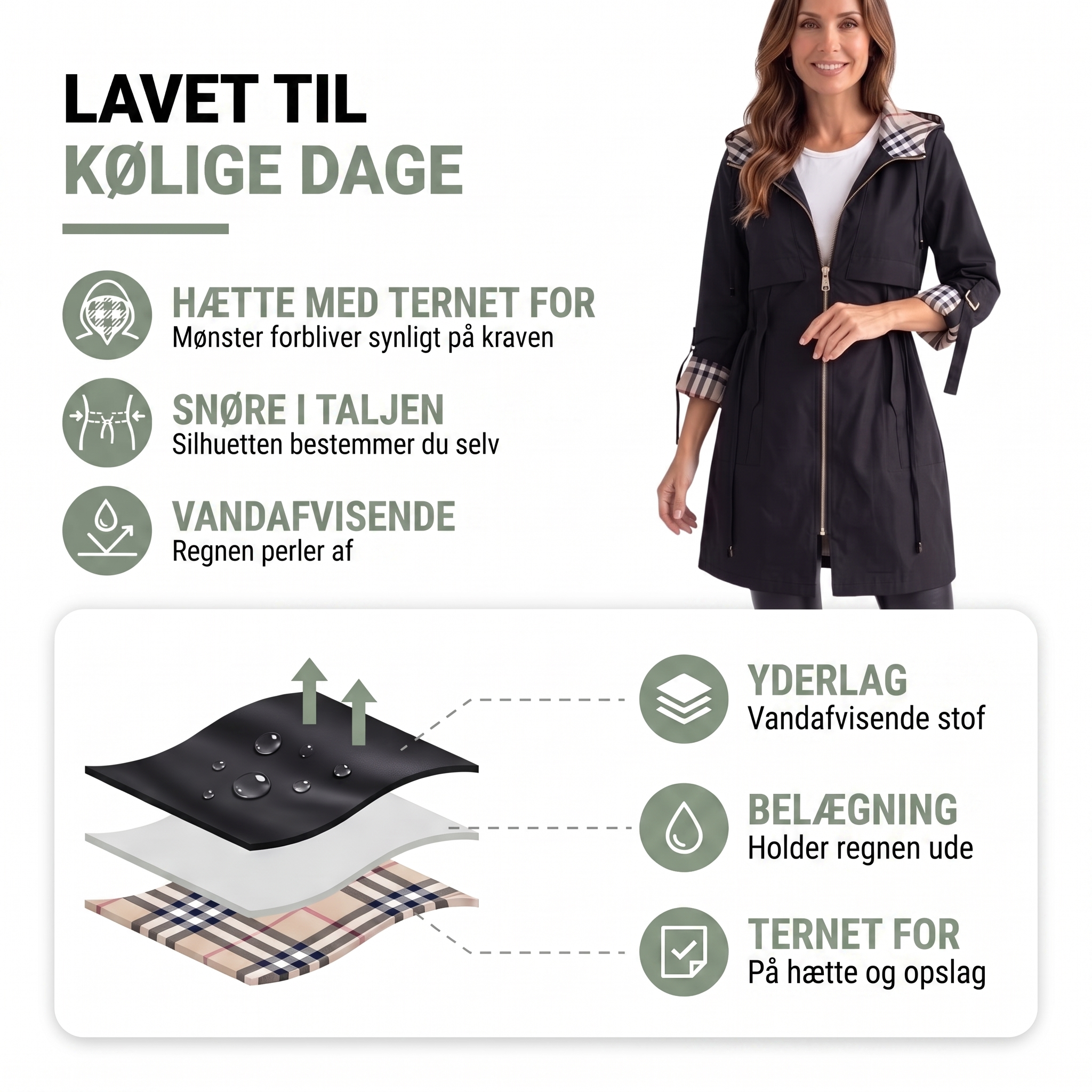 Overgangsjakke dame med hætte og ternet for