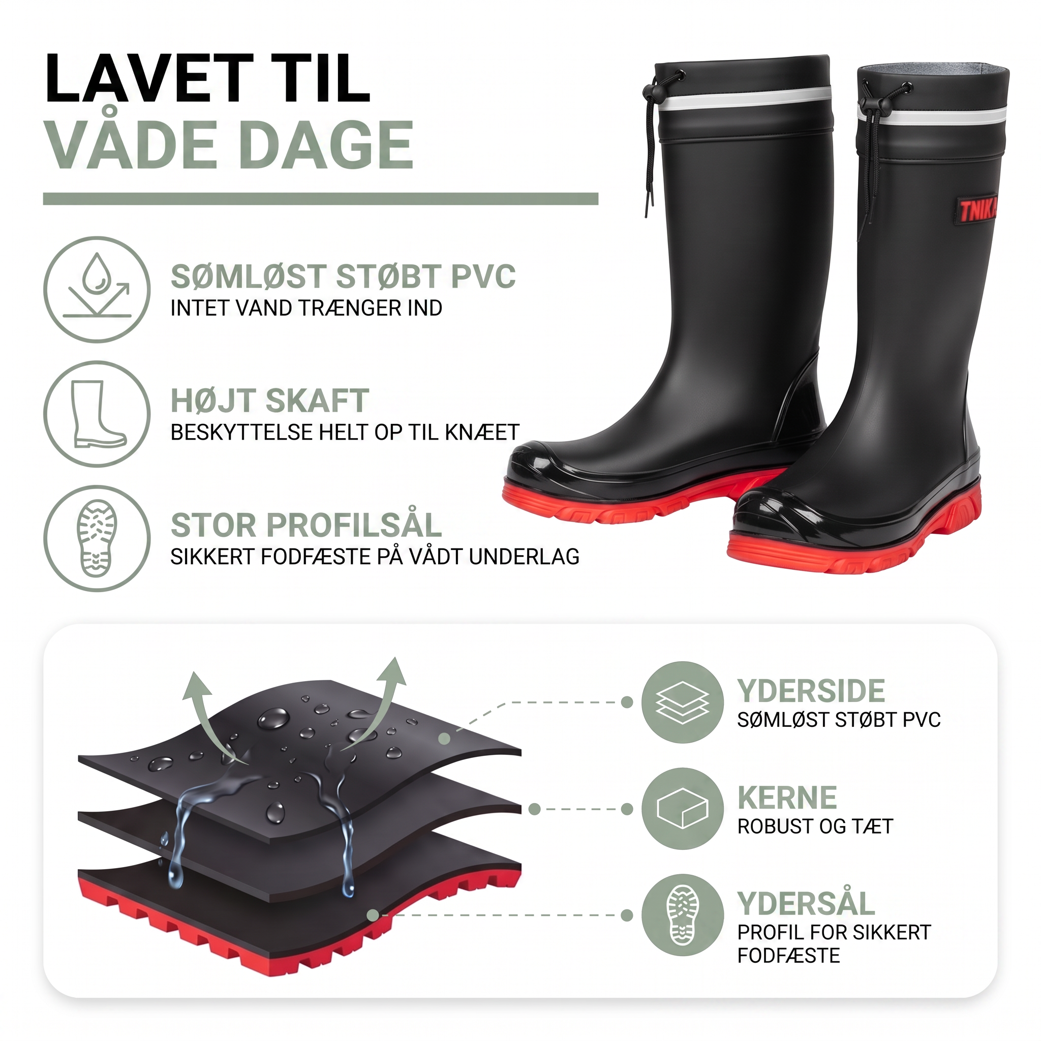 Gummistøvler herre i sort PVC set forfra