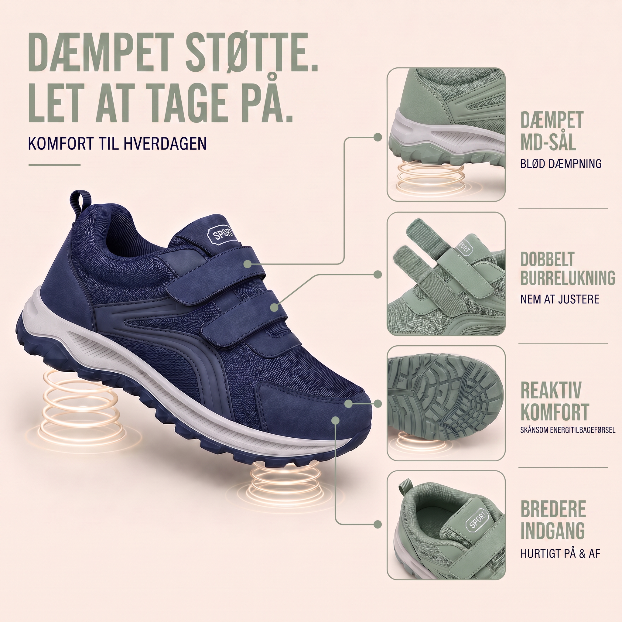 Ortopædiske sko herre med velcro og bred tåboks