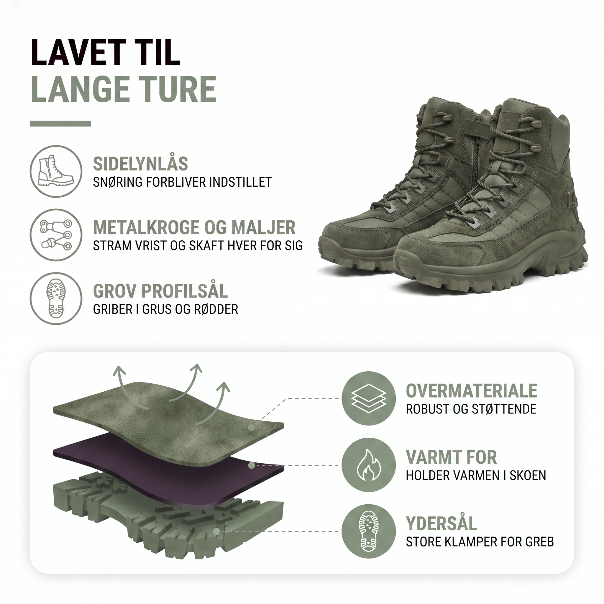 Vandrestøvle herre i tactical-look med sidelynlås