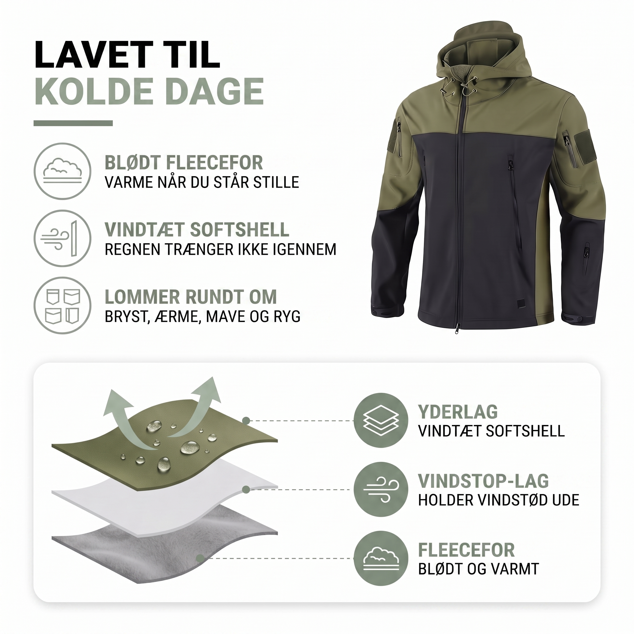 Softshell jakke herre – vindtæt med fleecefor
