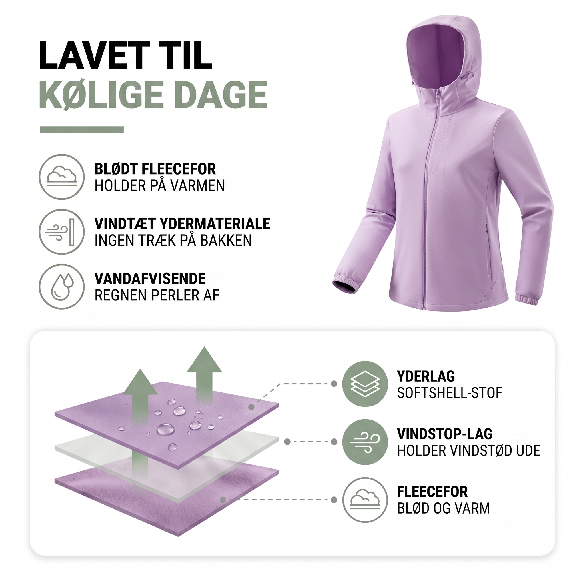 Overgangsjakke dame i softshell med fast hætte