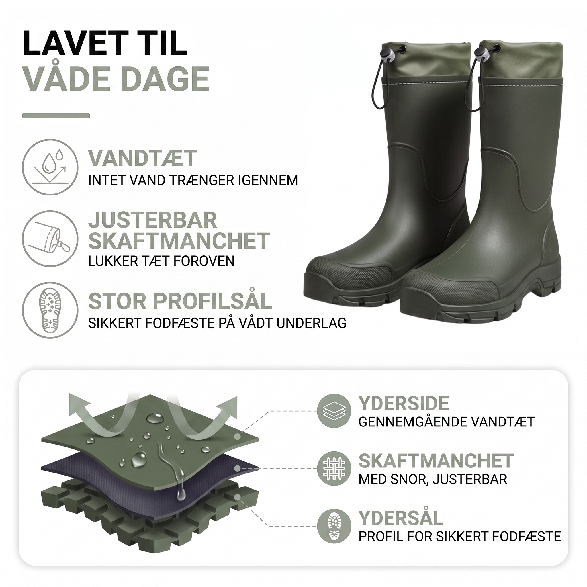Gummistøvler sort med justerbar skaftmanchet