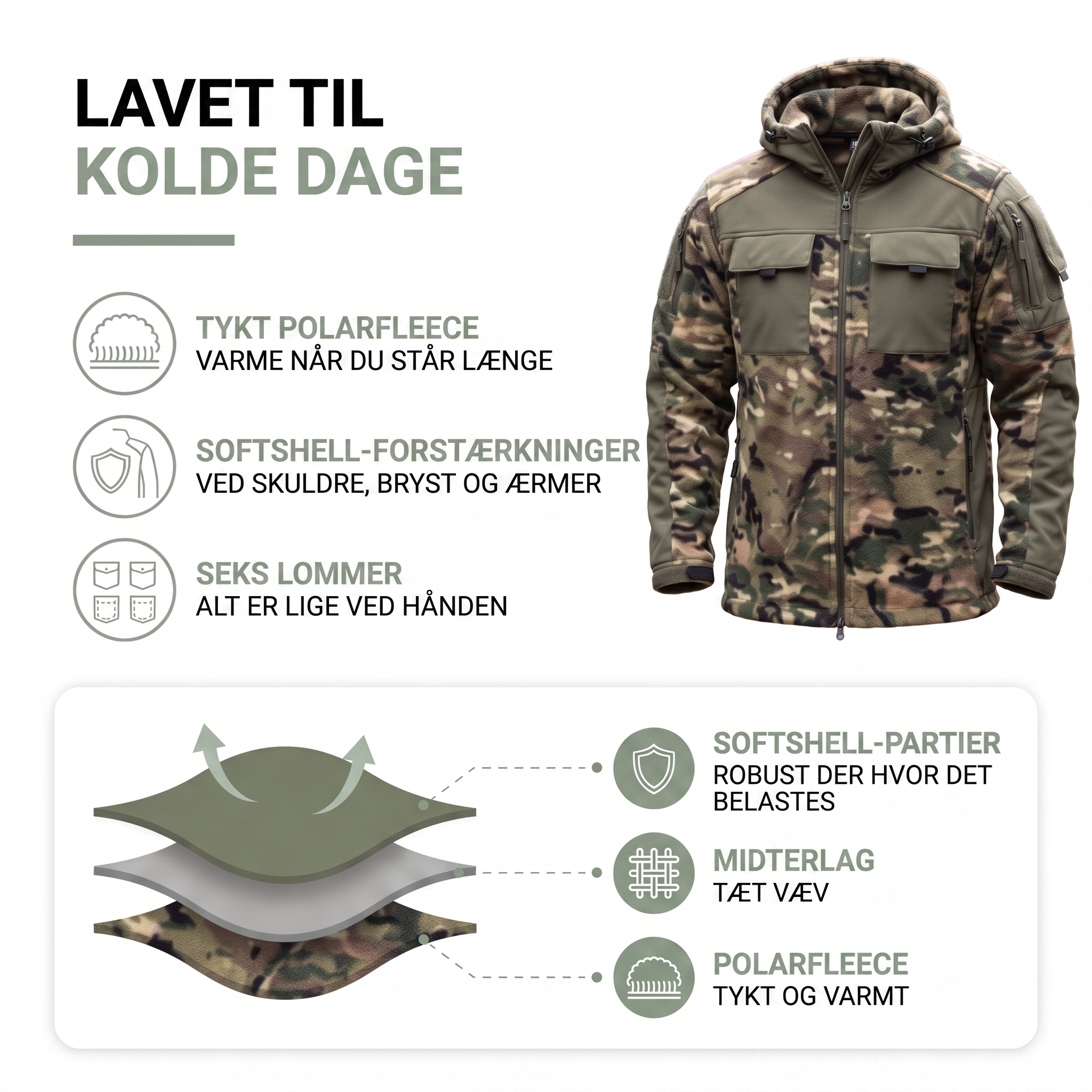 Taktisk fleecejakke herre med hætte