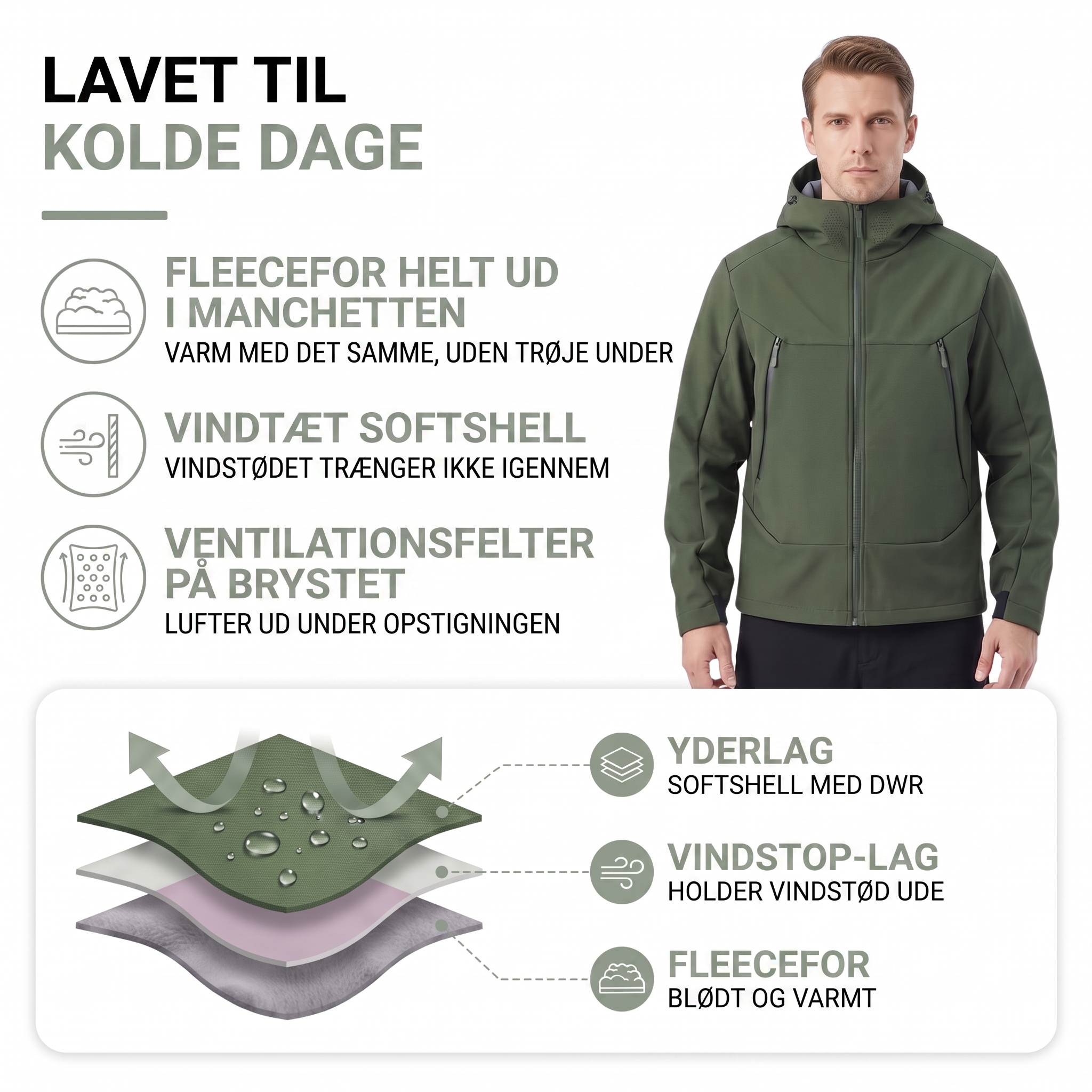 Softshell jakke herre med fleecefor