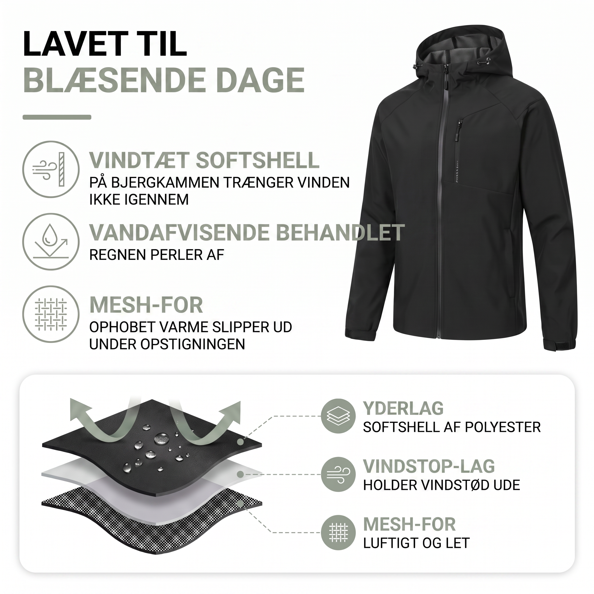 Overgangsjakke unisex softshell med hætte