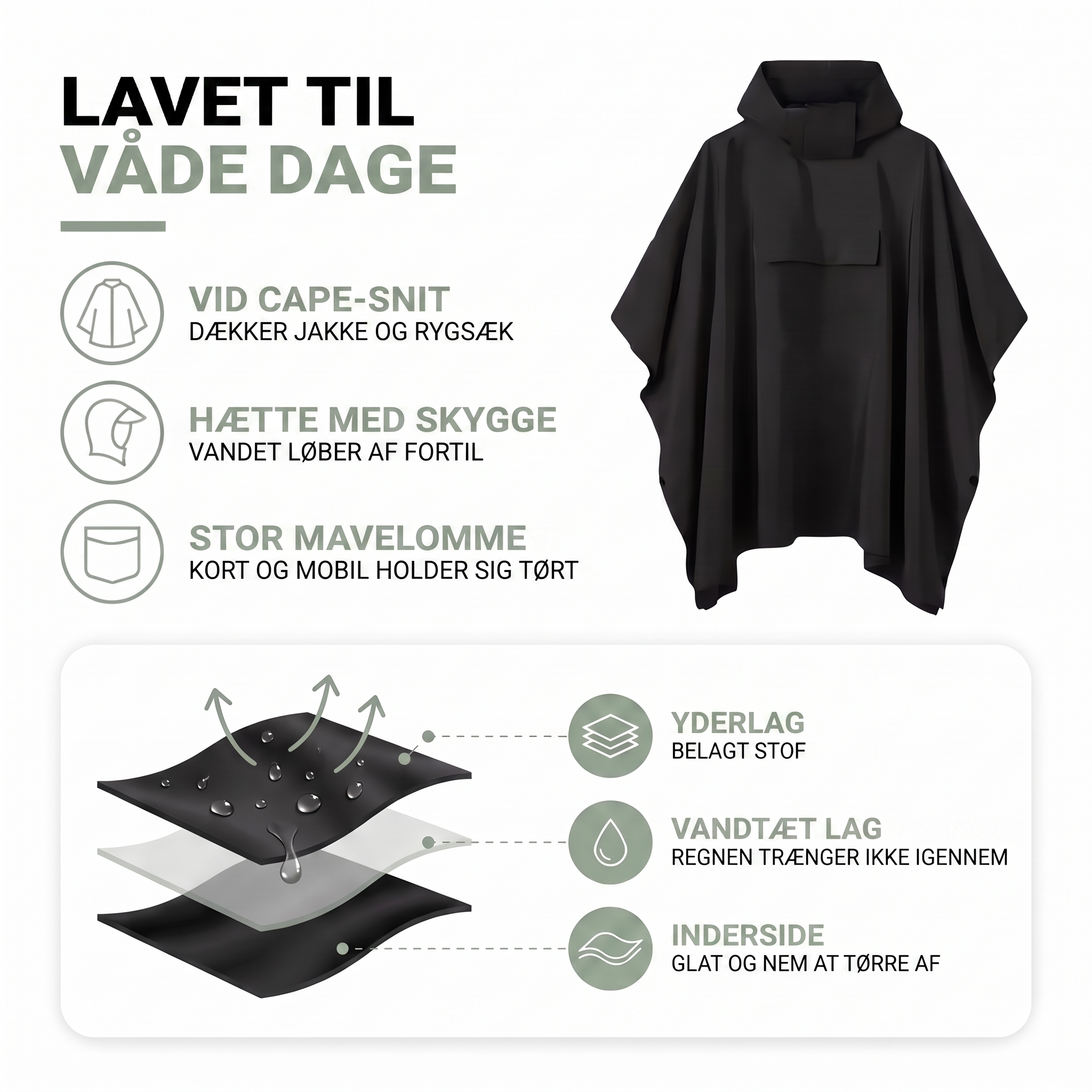 Regnponcho i sort med hætte