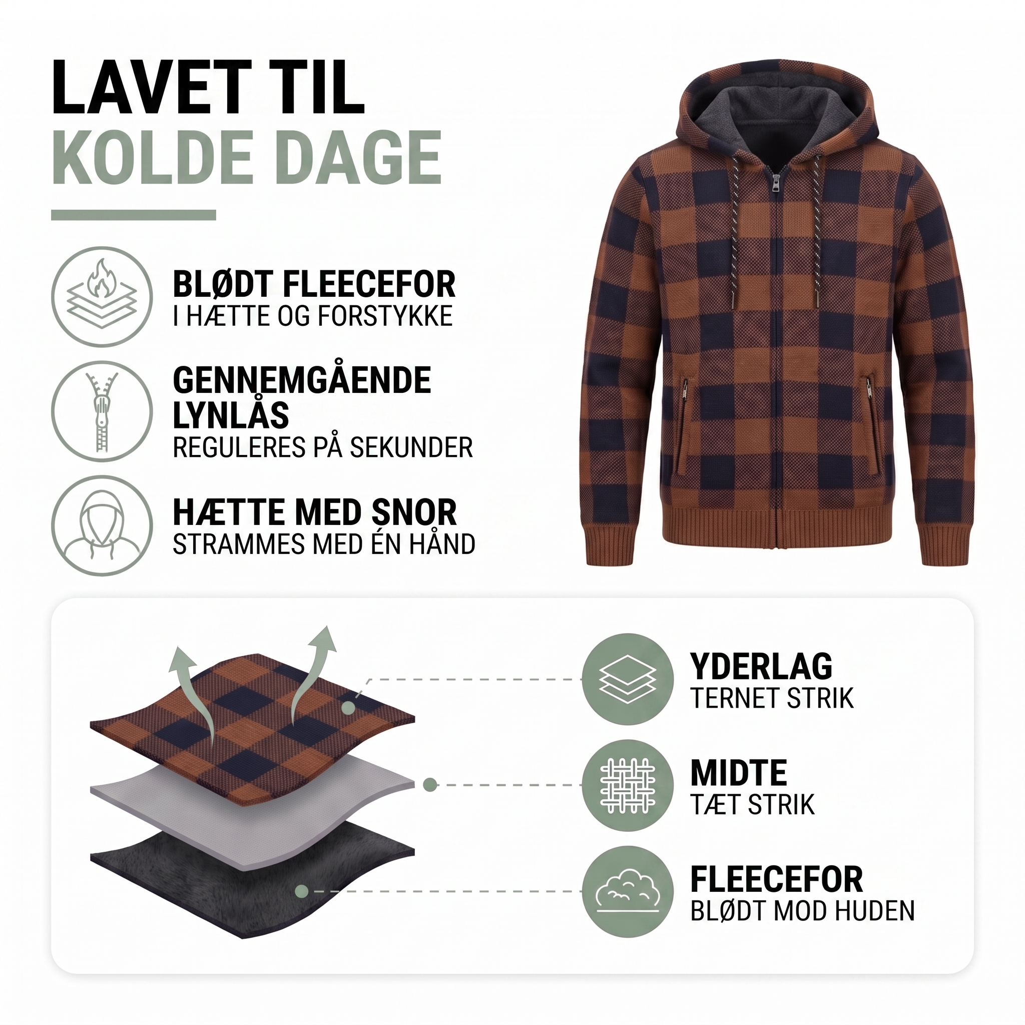 Cardigan herre med hætte og varmt fleecefor