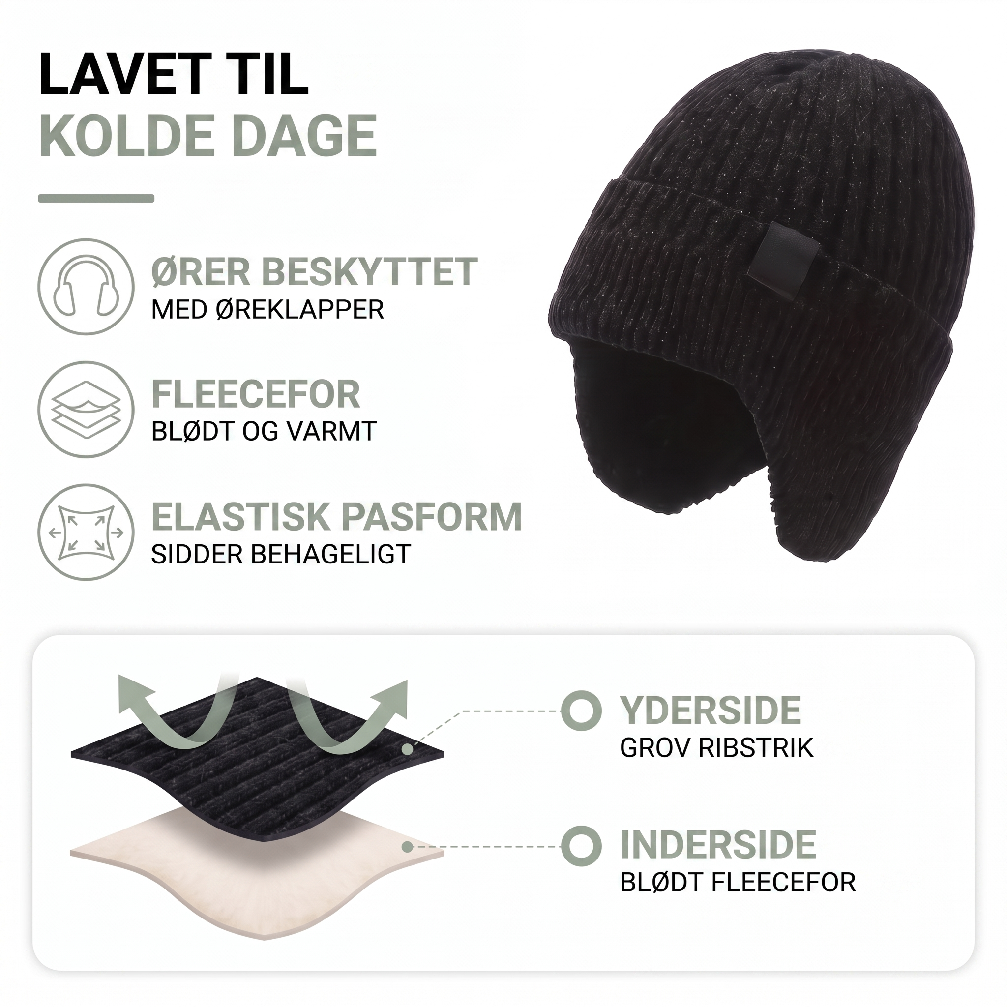 Vinterhue herre – ørelapper og fleecefor