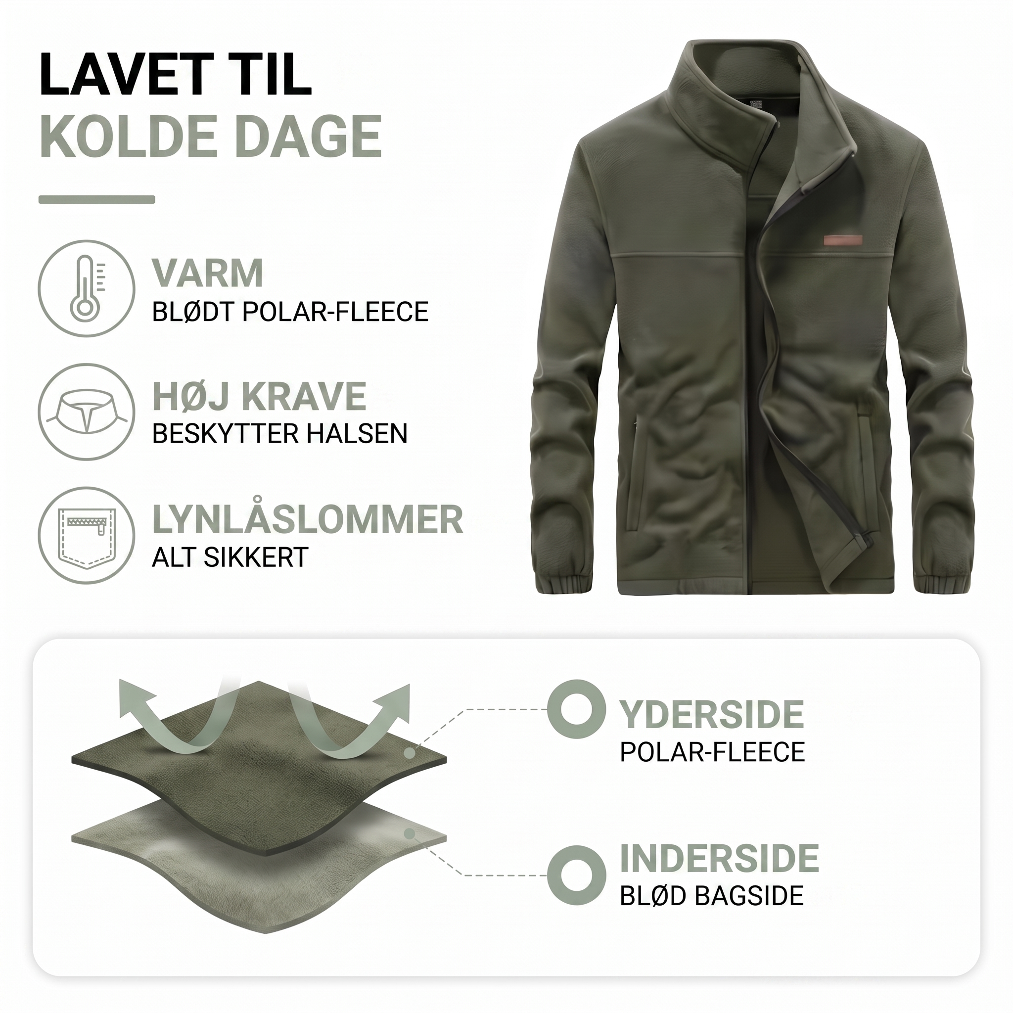 Fleecejakke herre grøn med høj krave