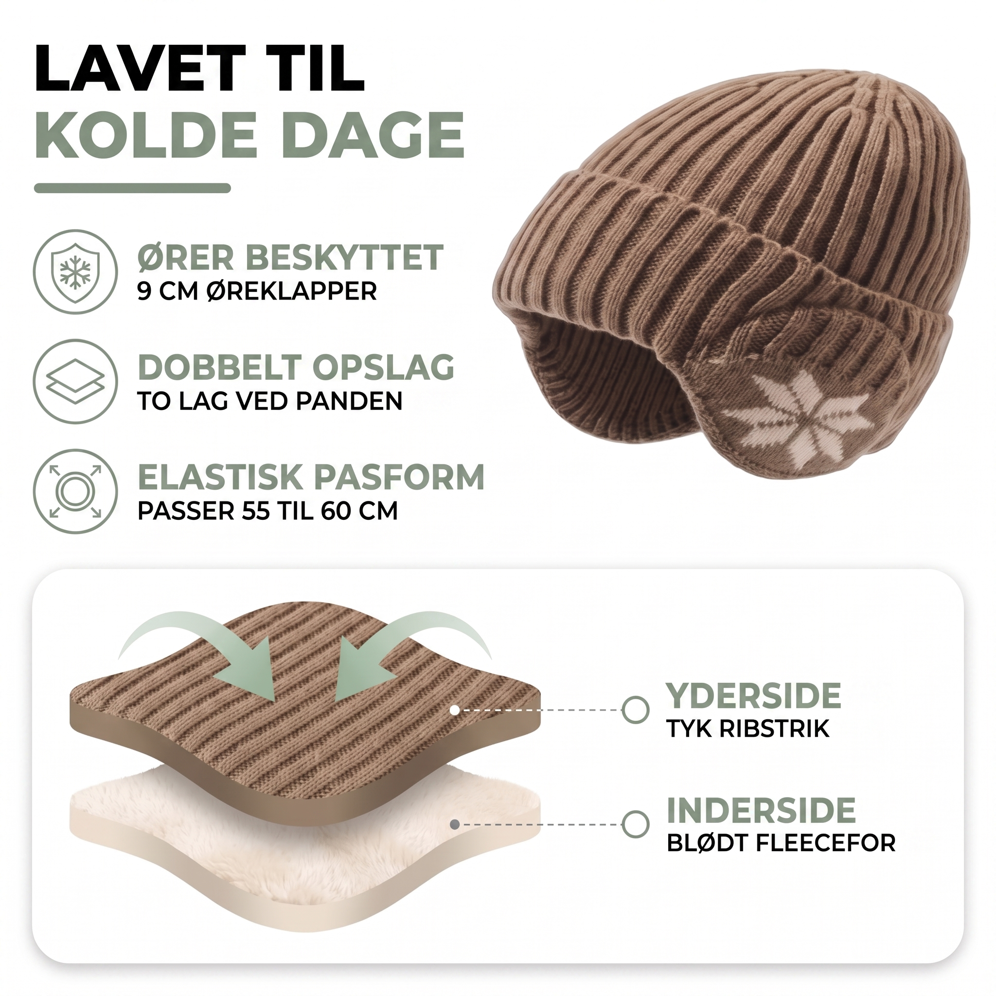 Vinterhue med ørelapper og snefnugmønster