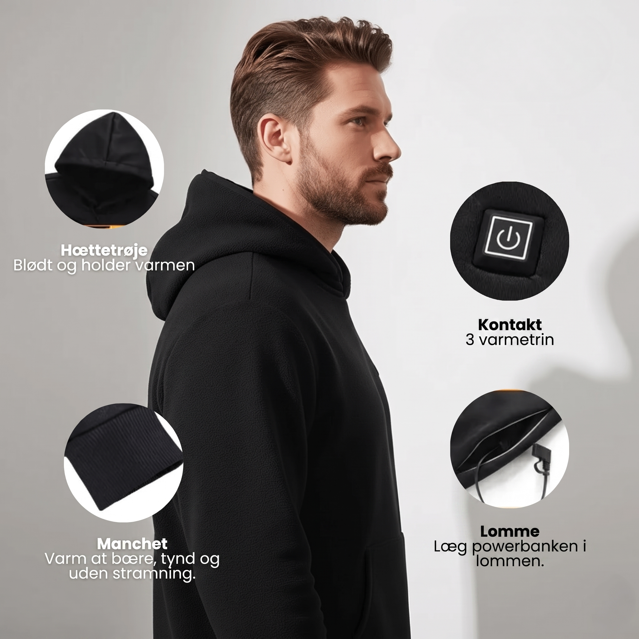 Heated hoodie i sort med varmezoner