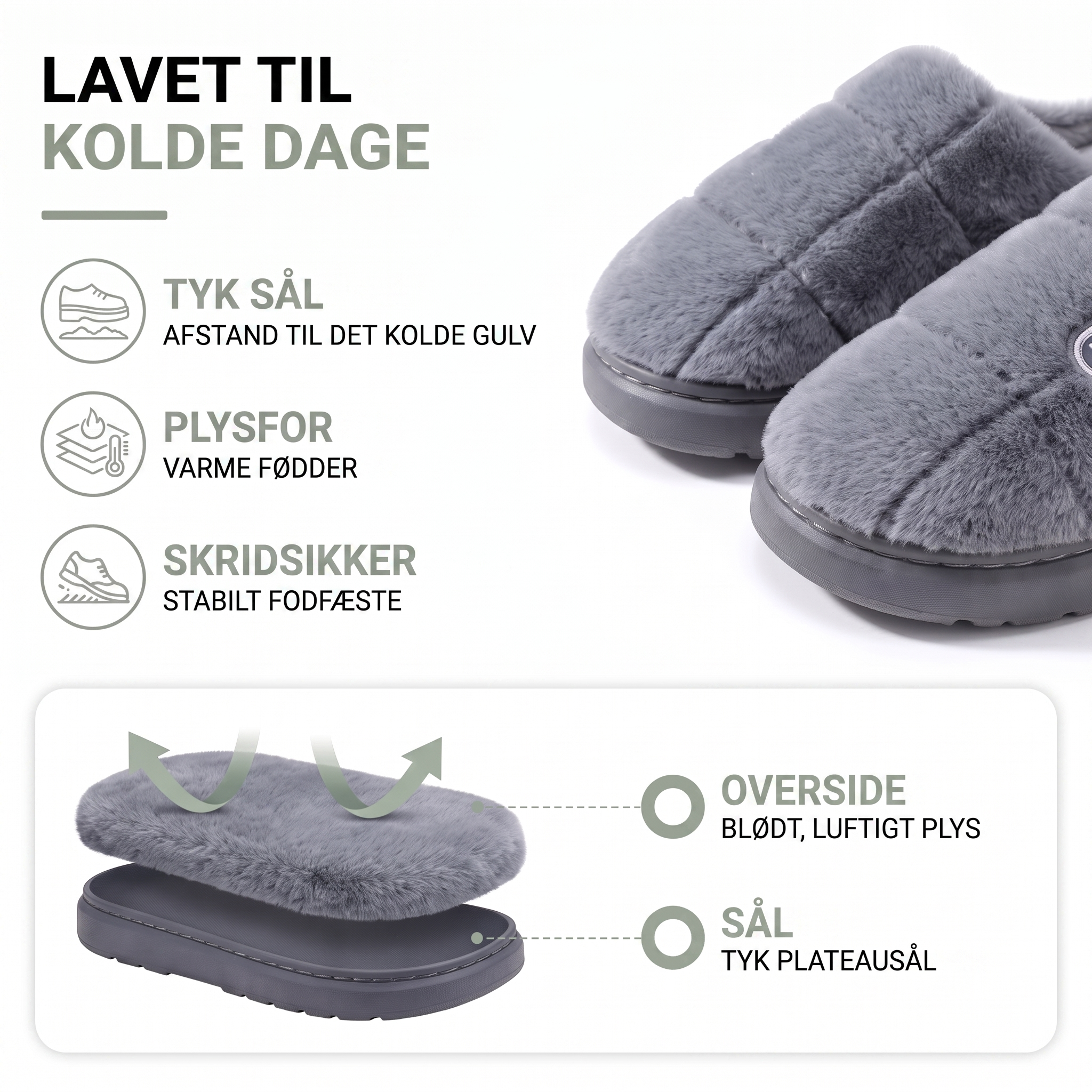 Hjemmesko vinter med tyk sål og plysfor