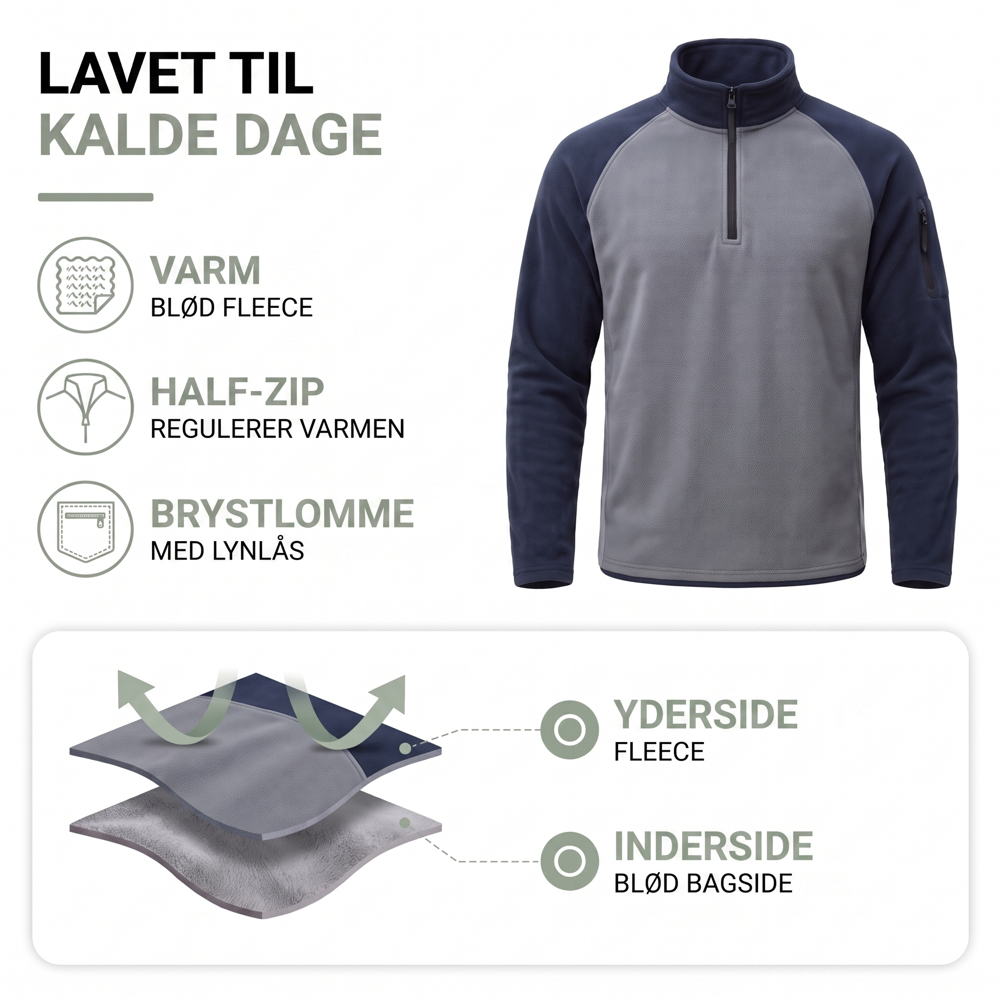 Fleecetrøje herre – tofarvet med half-zip