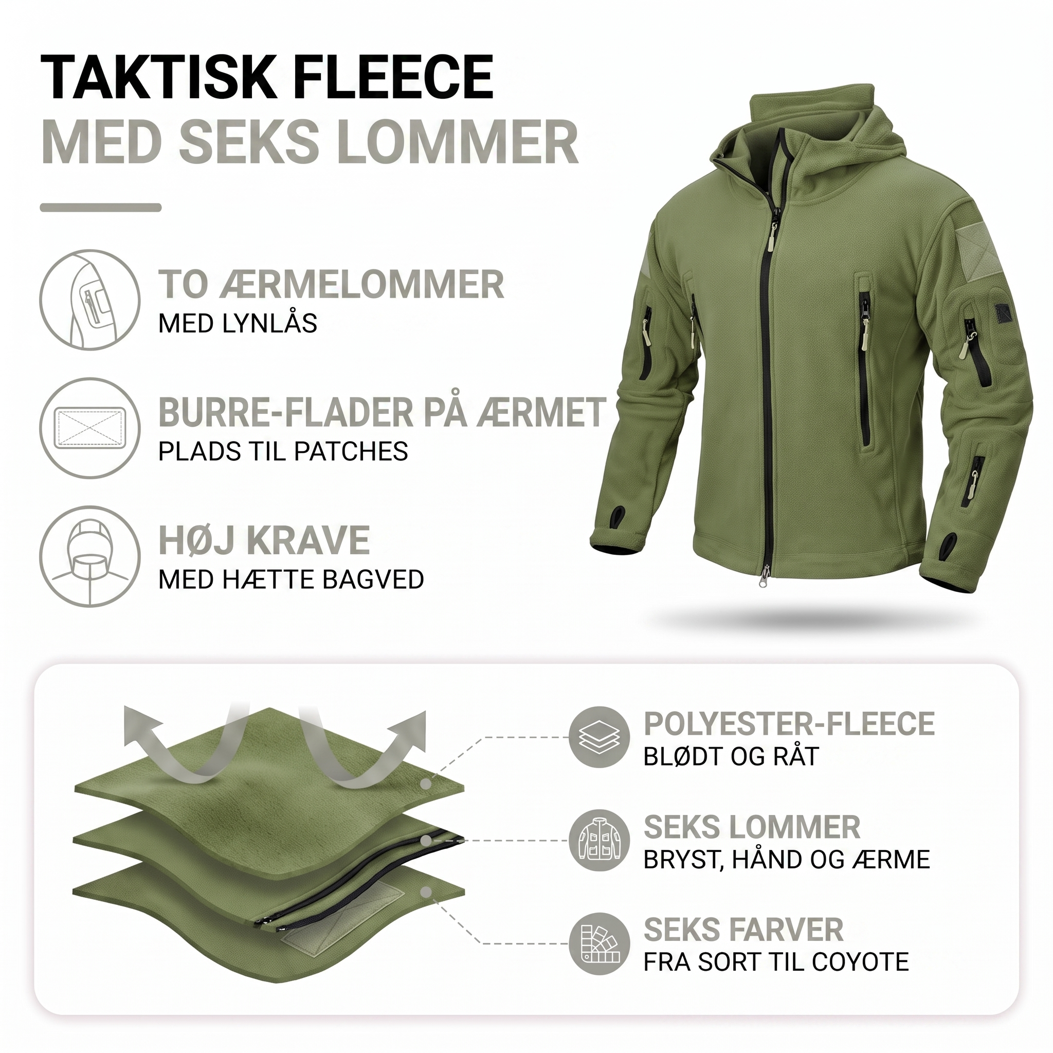 Fleecejakke herre – taktisk med seks lommer