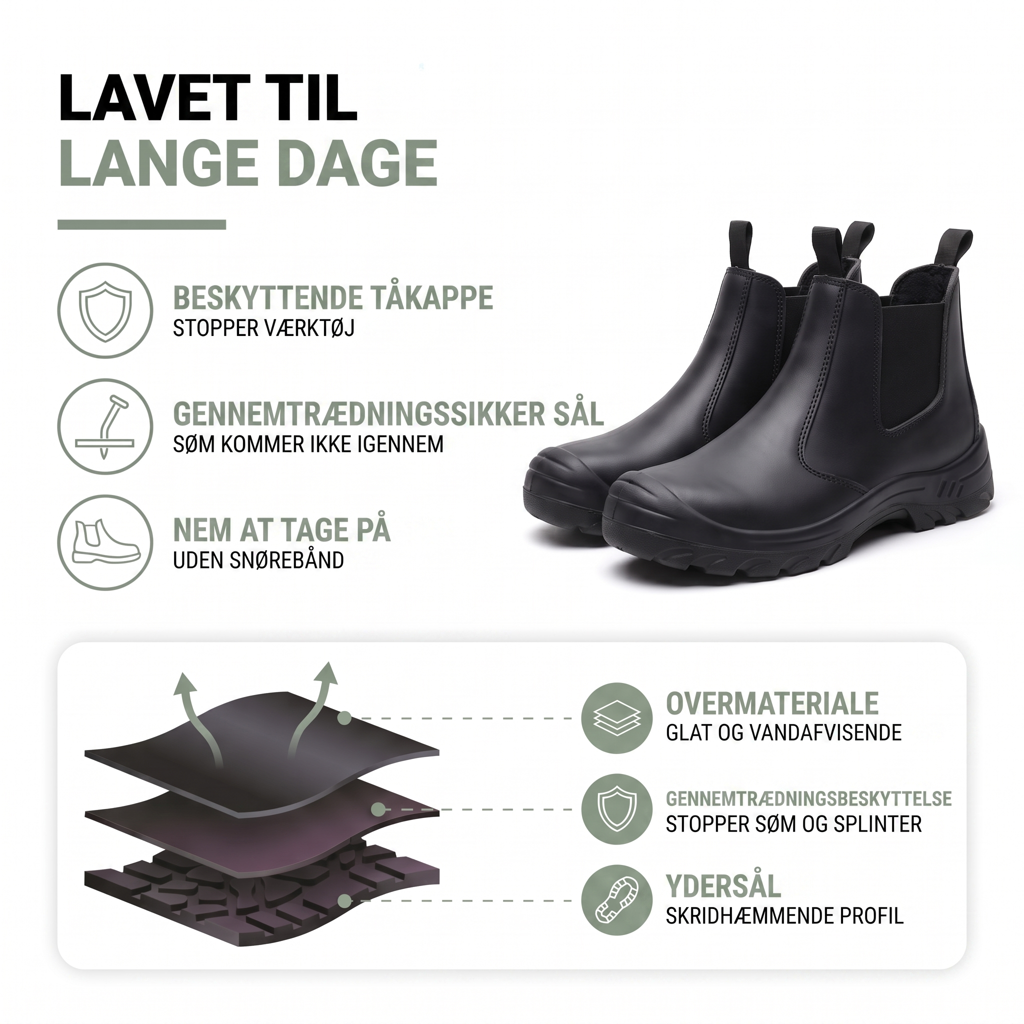 Arbejdssko herre med sikkerhedstå og slip-on-design