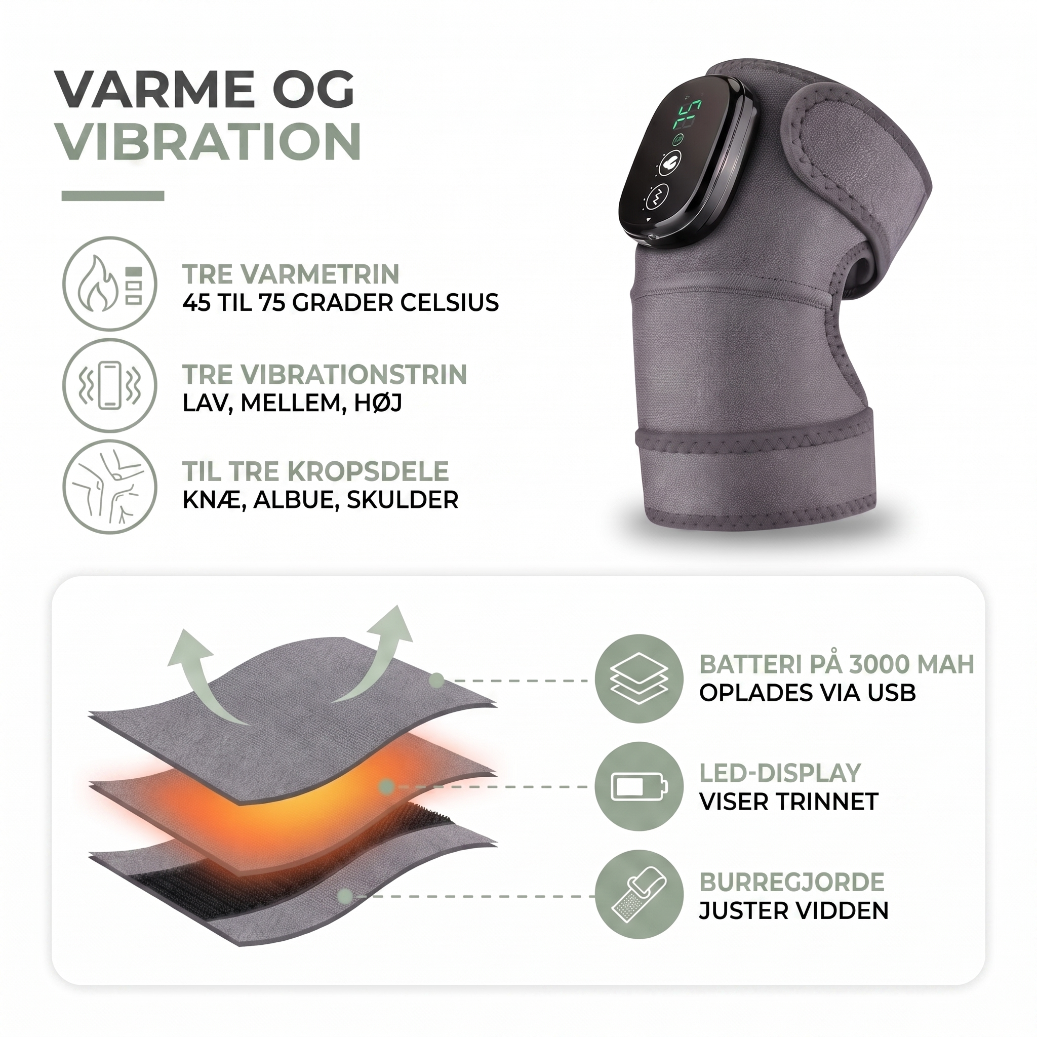 Massageapparat med tre varme- og vibrationstrin