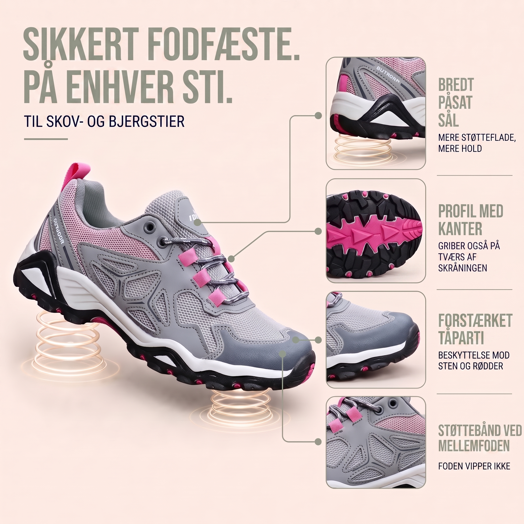 Vandresko dame med åndbart mesh og dæmpet sål
