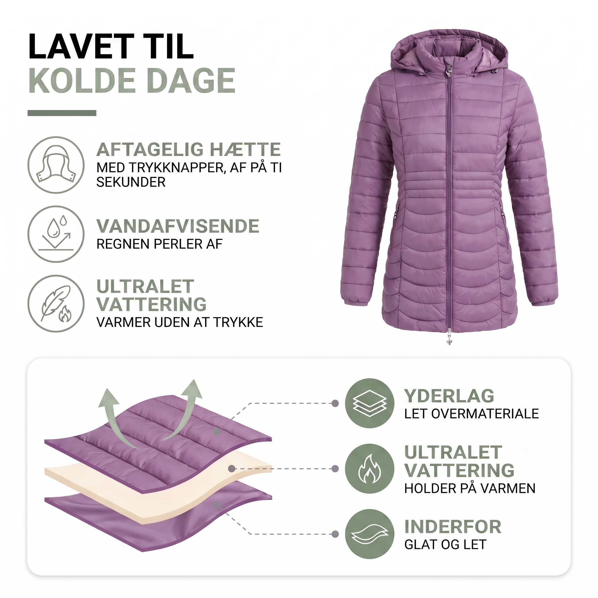 Parka jakke dame sort med aftagelig hætte