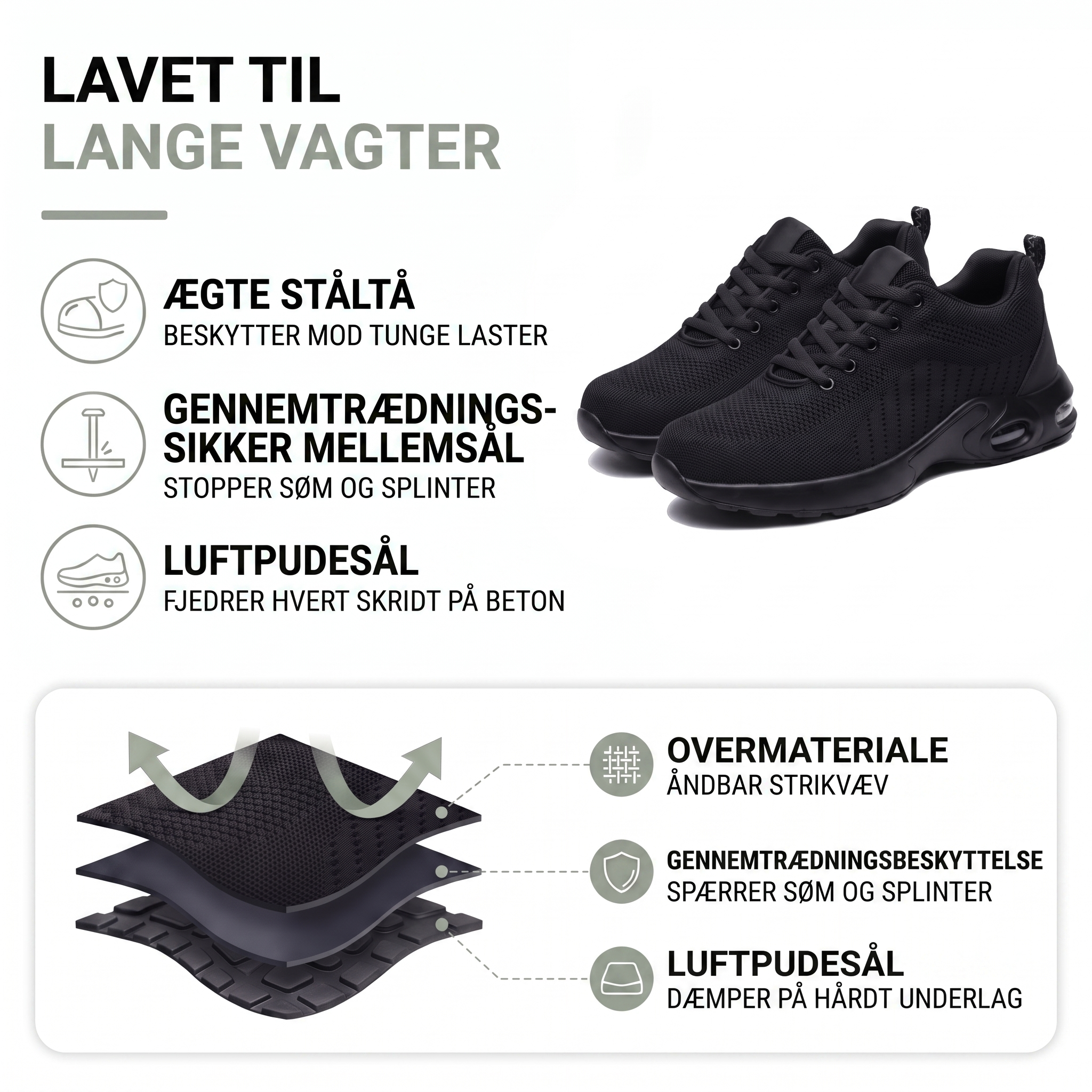 Sikkerhedssko sneaker – stålsnude og luftpudesål