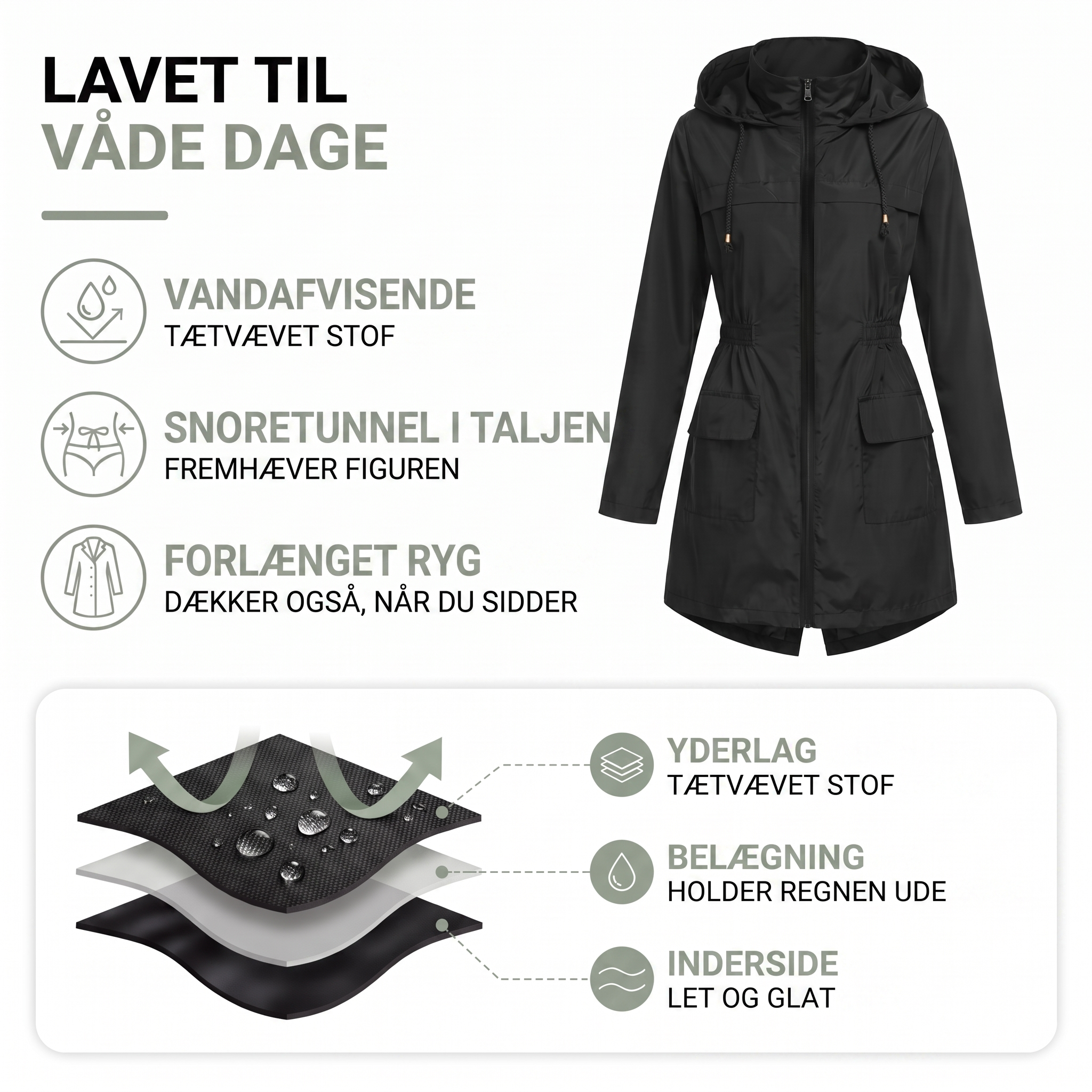 Regnjakke dame let og vandafvisende i sort