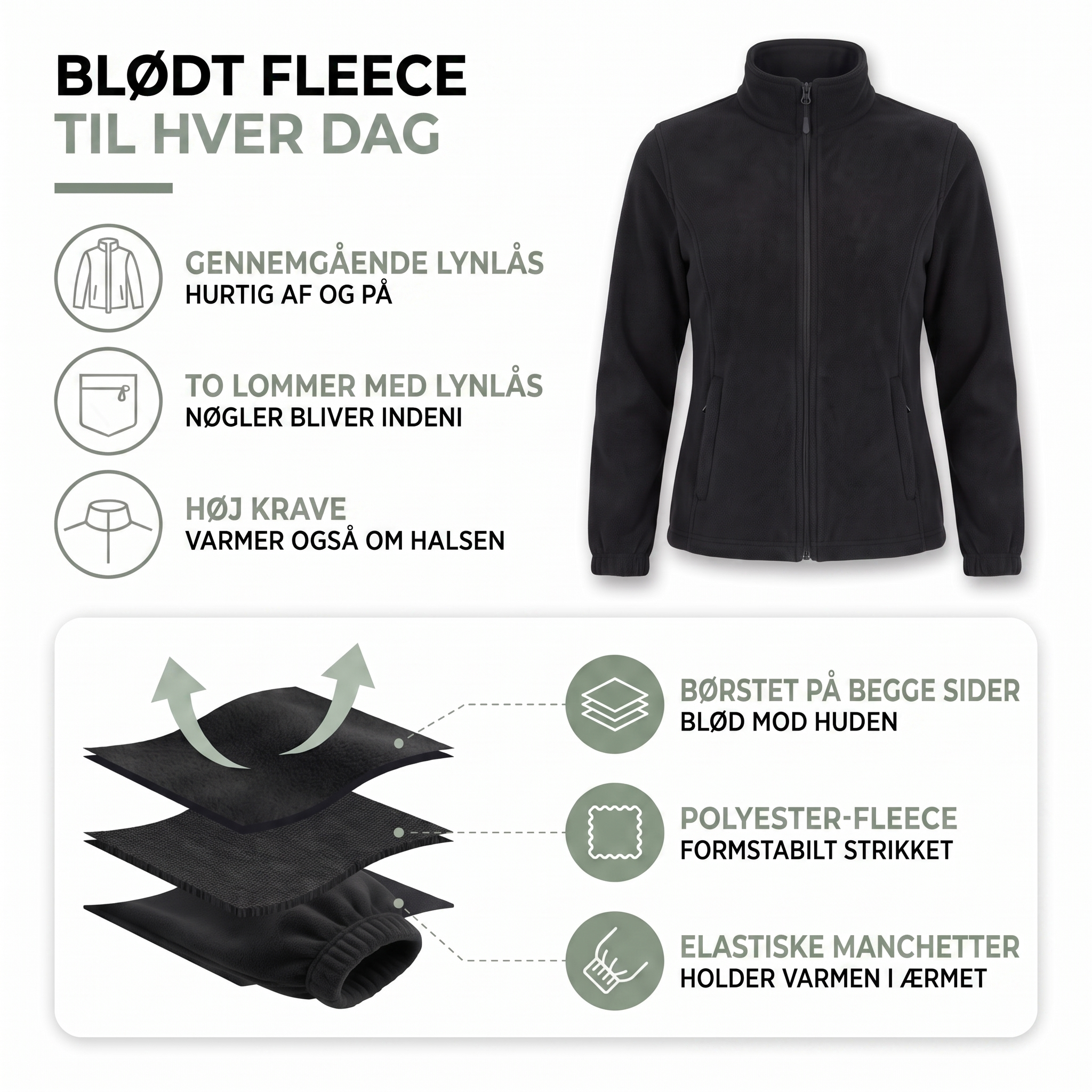 Fleece jakke dame sort set forfra
