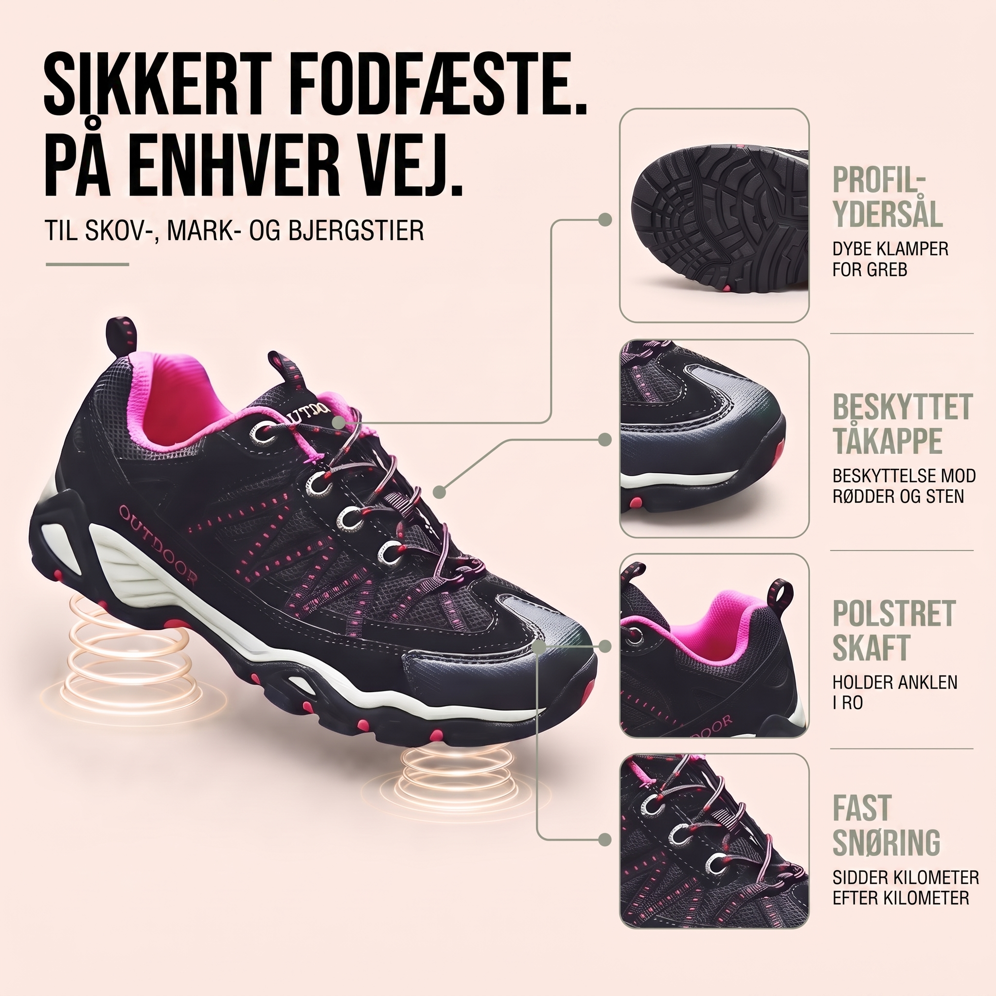 Vandresko dame med bred tåboks i sort