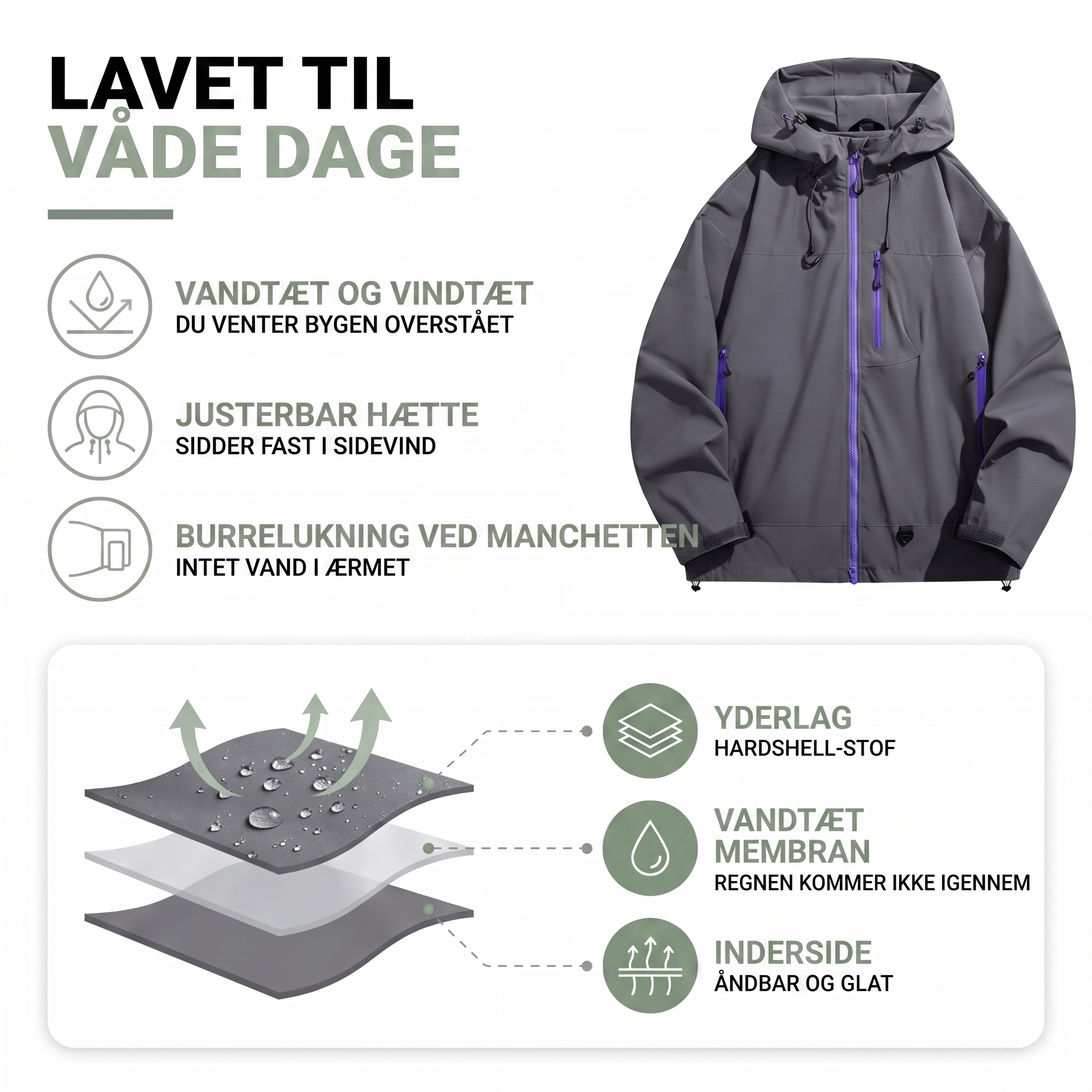 Vandtæt og vindtæt regnjakke med justerbar hætte