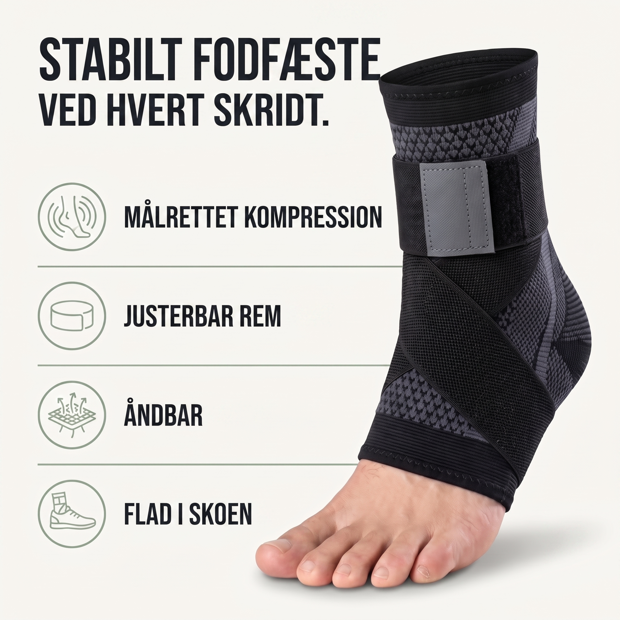 Ankelstøtte med justerbar kompressionsrem