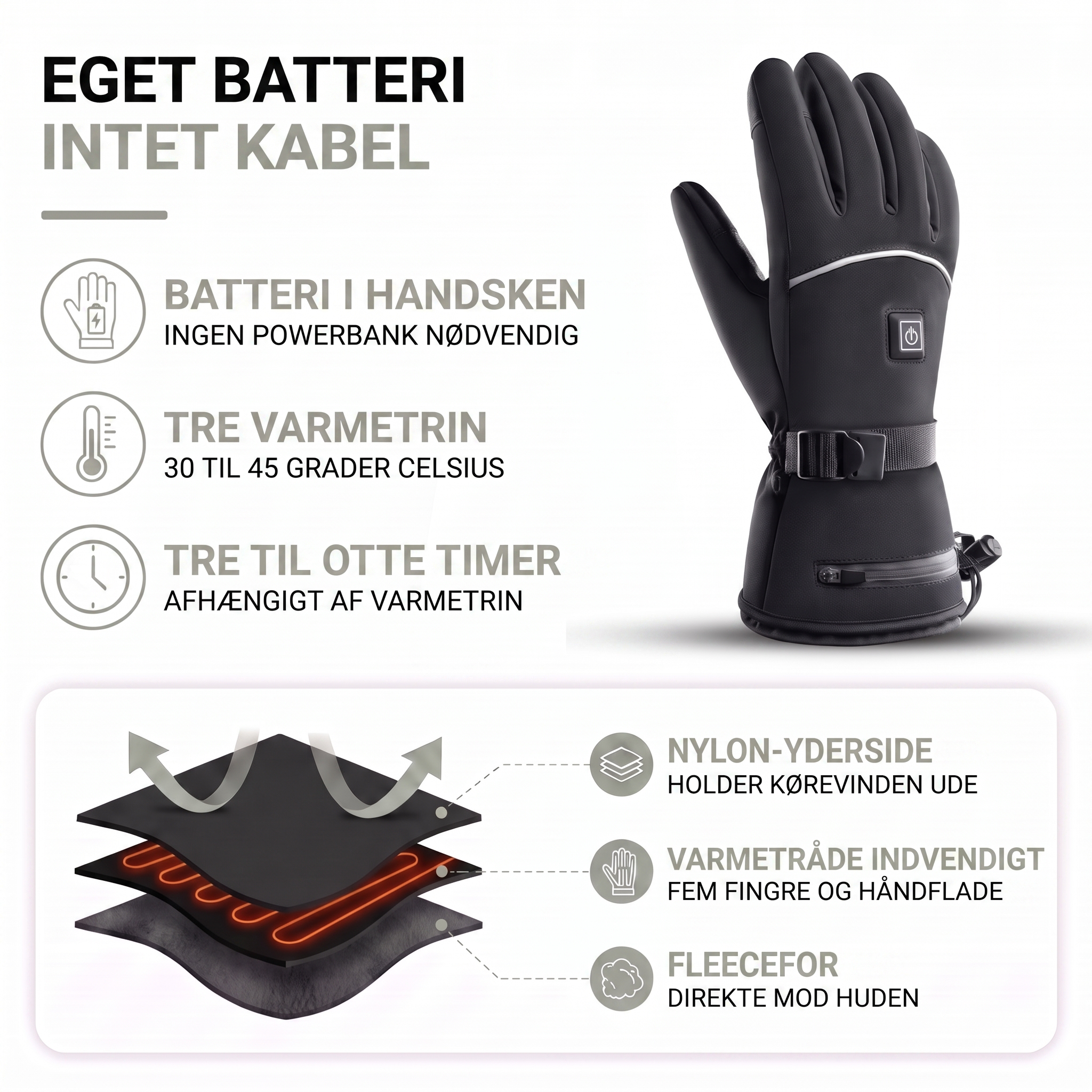 Varmehandsker sort med knap til varmetrin på håndryggen