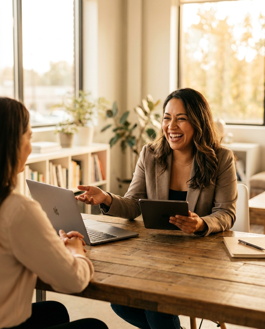 Consultora de negocios atendiendo a un cliente