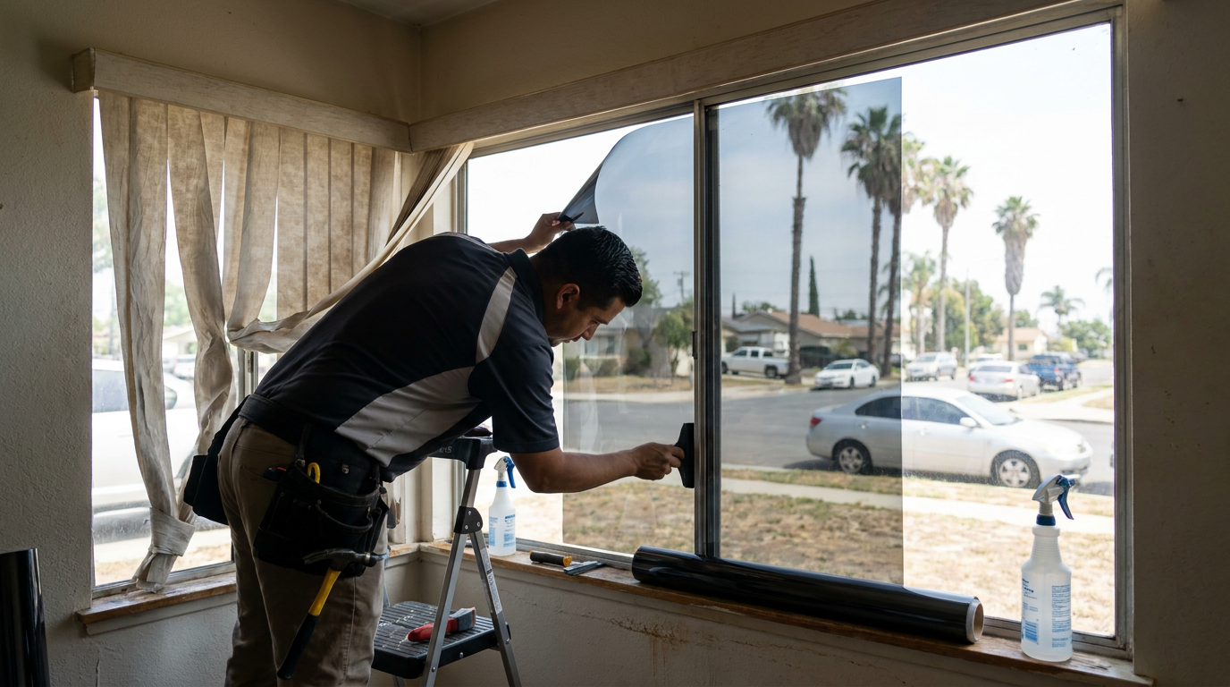 Residential window tint installation in progress