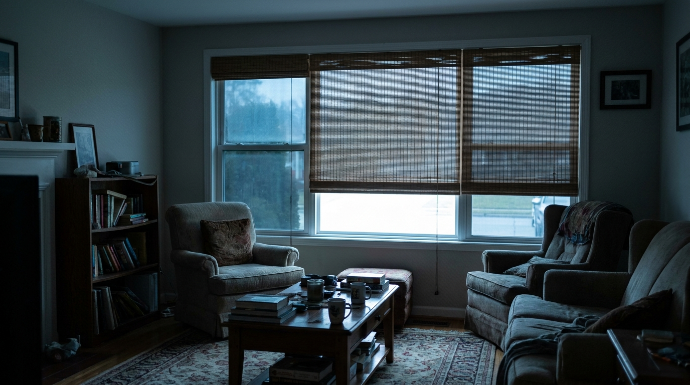 Comfortable living room with tinted windows