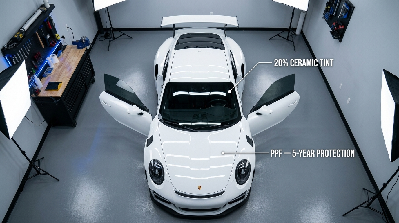 Top down view of a car showing ceramic tint and PPF coverage