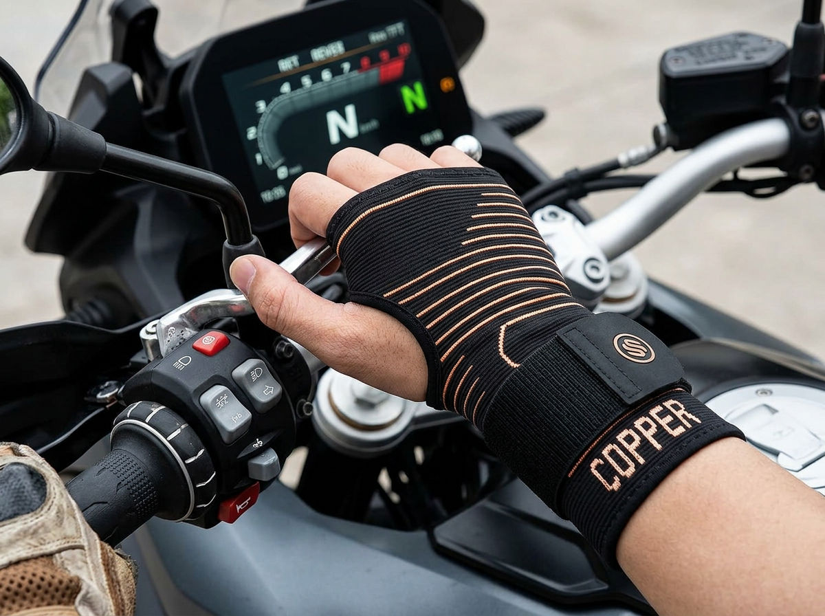 Close-up of a rider's hand on the clutch lever mid gear-shift