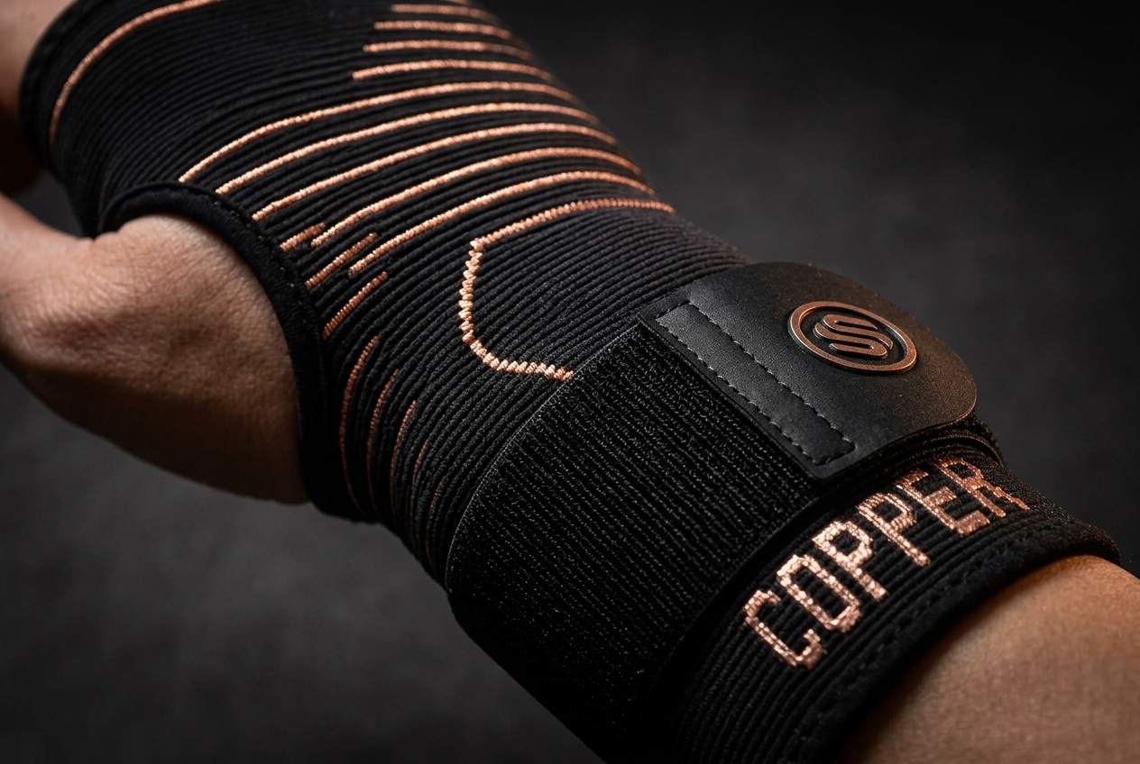 Close-up of the copper-infused knit fabric texture on the Willis Judd wrist brace