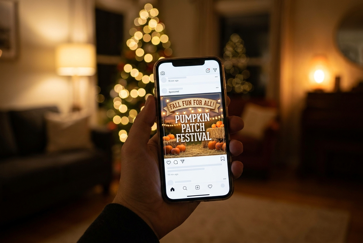 A phone showing a festival ad in a social feed