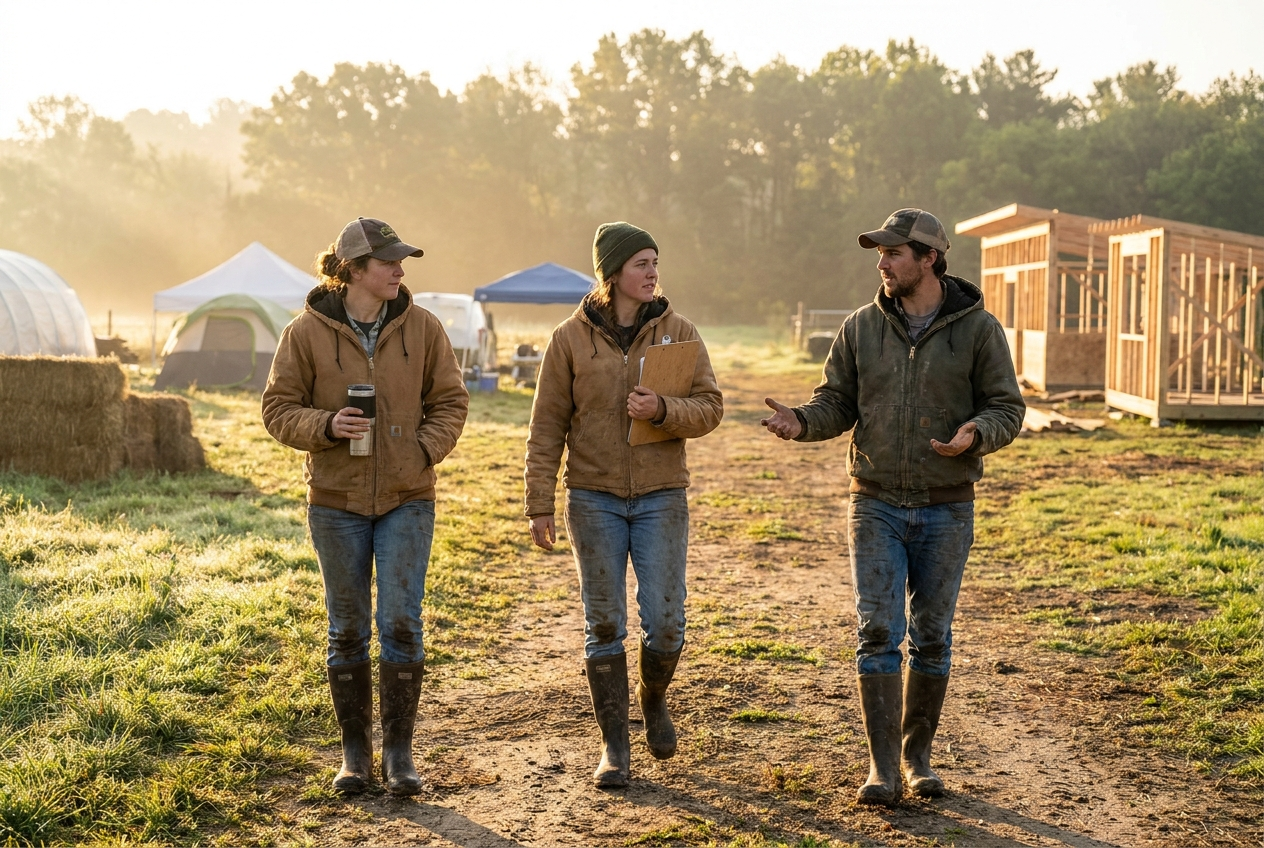 The crowdflowco team walking an event site at sunrise