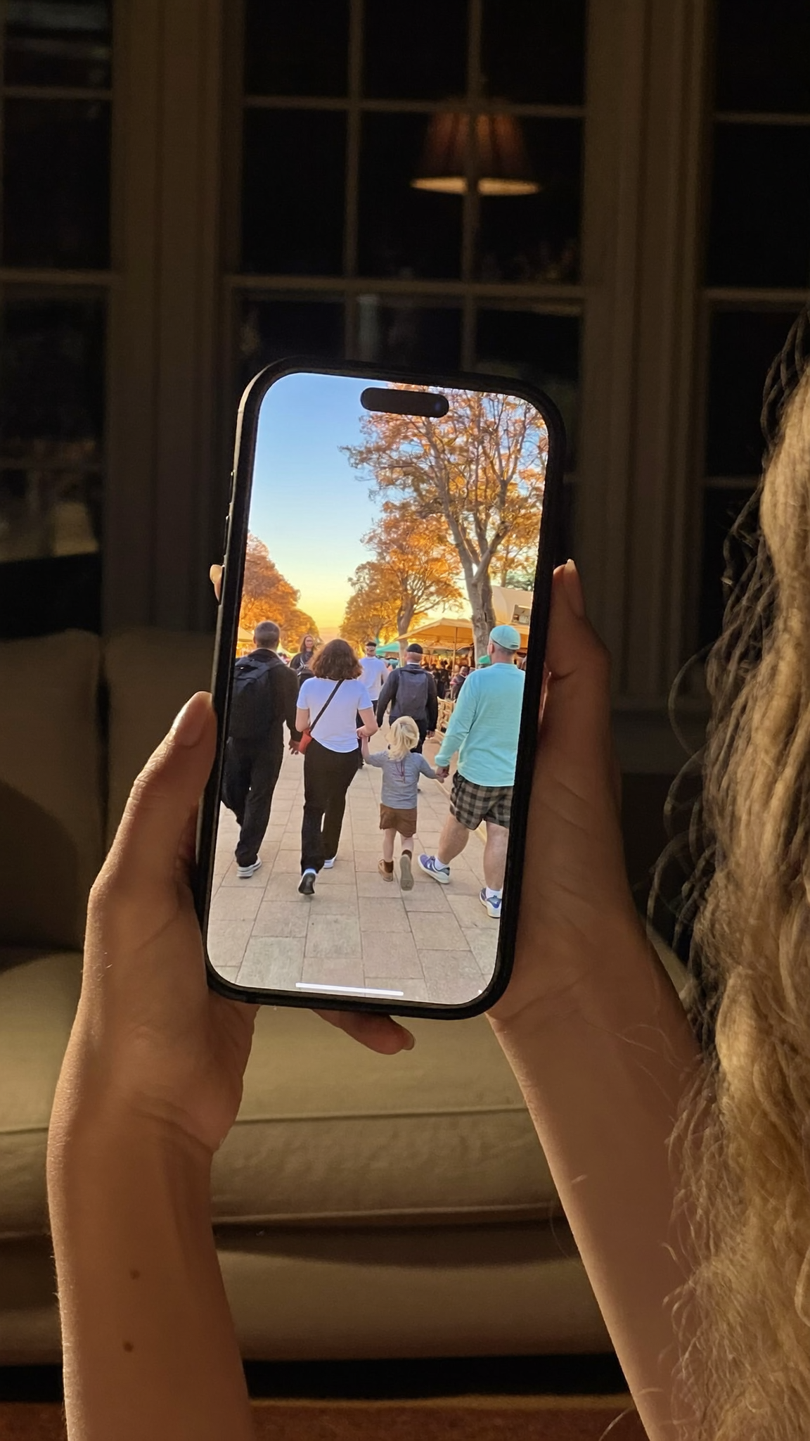 Hands holding a phone playing a video from a farm festival