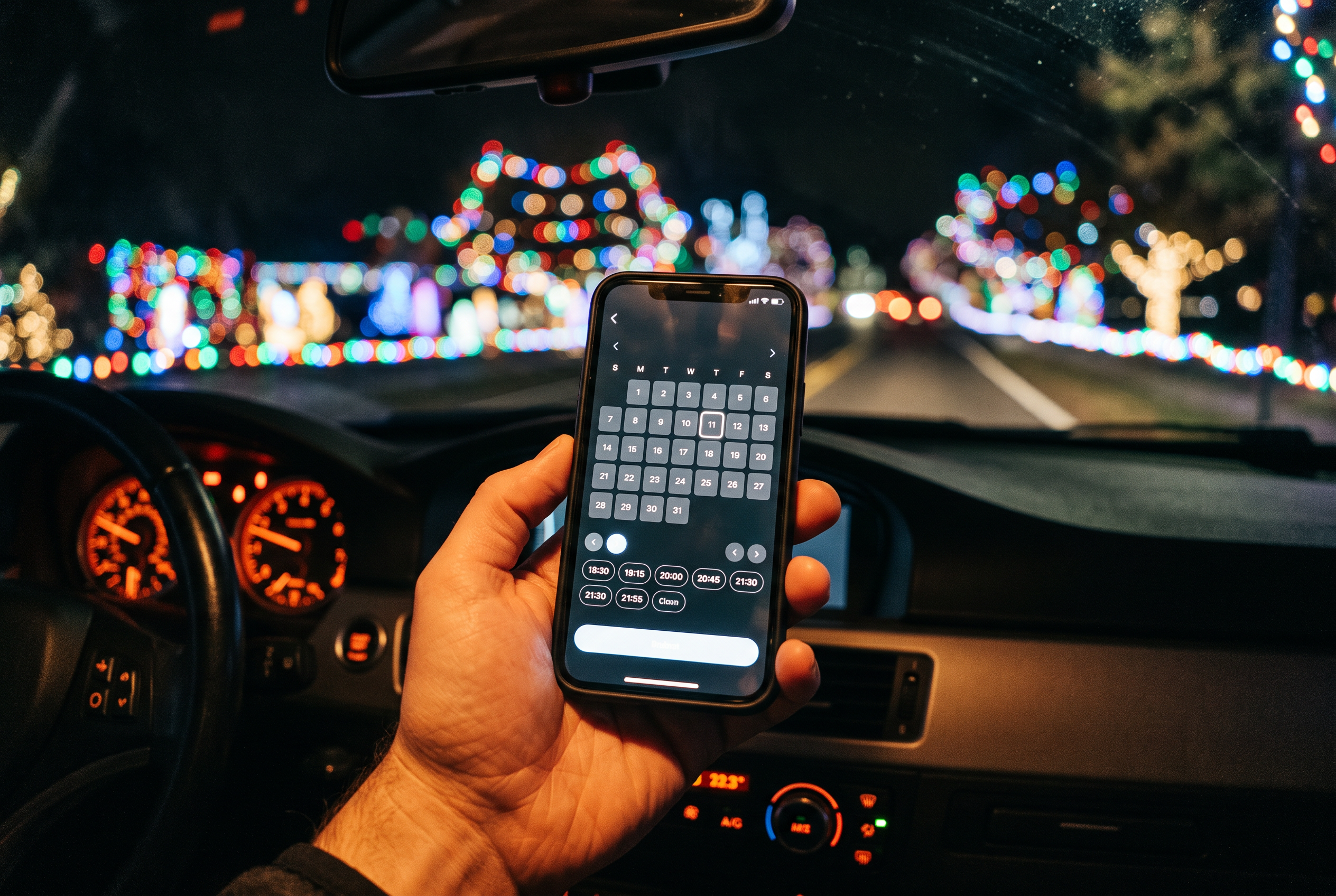 A phone held in a car showing a timed-entry booking screen with selectable arrival slots, the glow of a drive-through light show ahead through the windshield