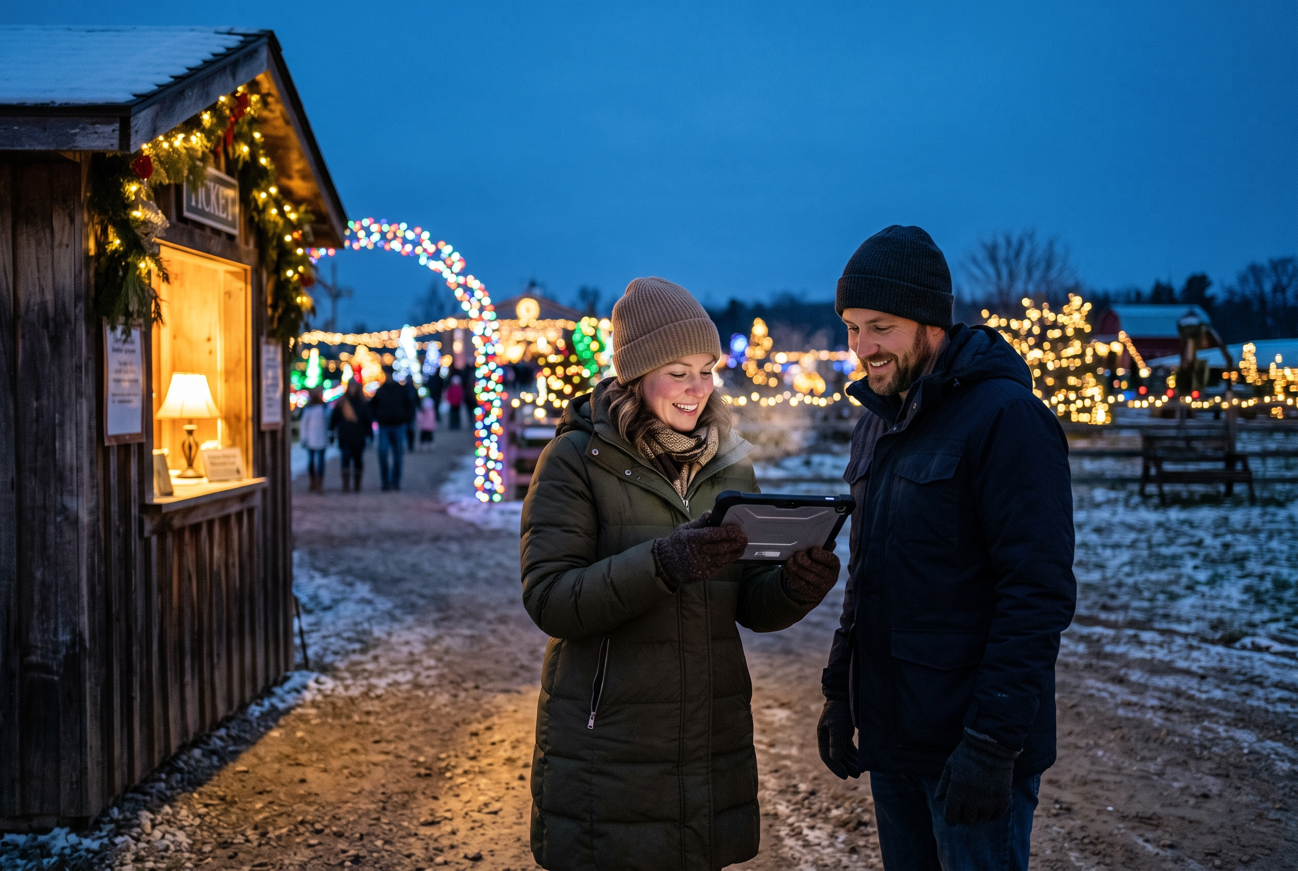 Two people in winter coats at a wooden ticket booth at the entrance to a holiday light show, breath visible in the cold, string lights glowing behind them
