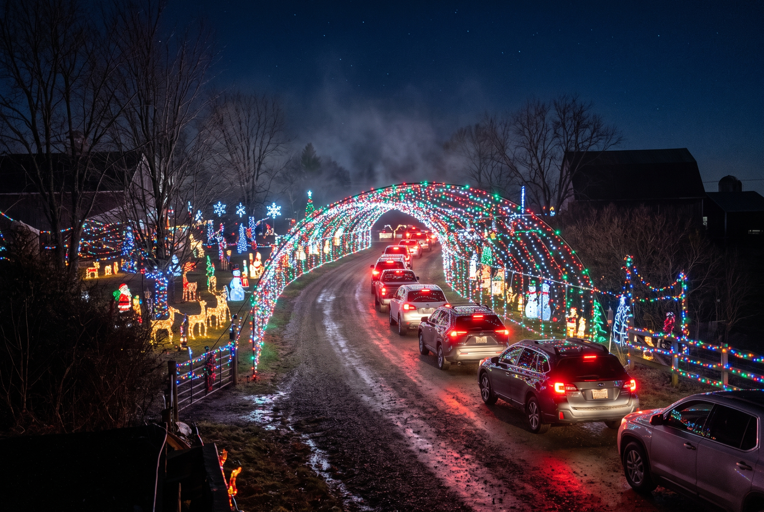 Cars moving slowly through a drive-through Christmas light show, lit tunnels and arches on both sides of a farm lane at night