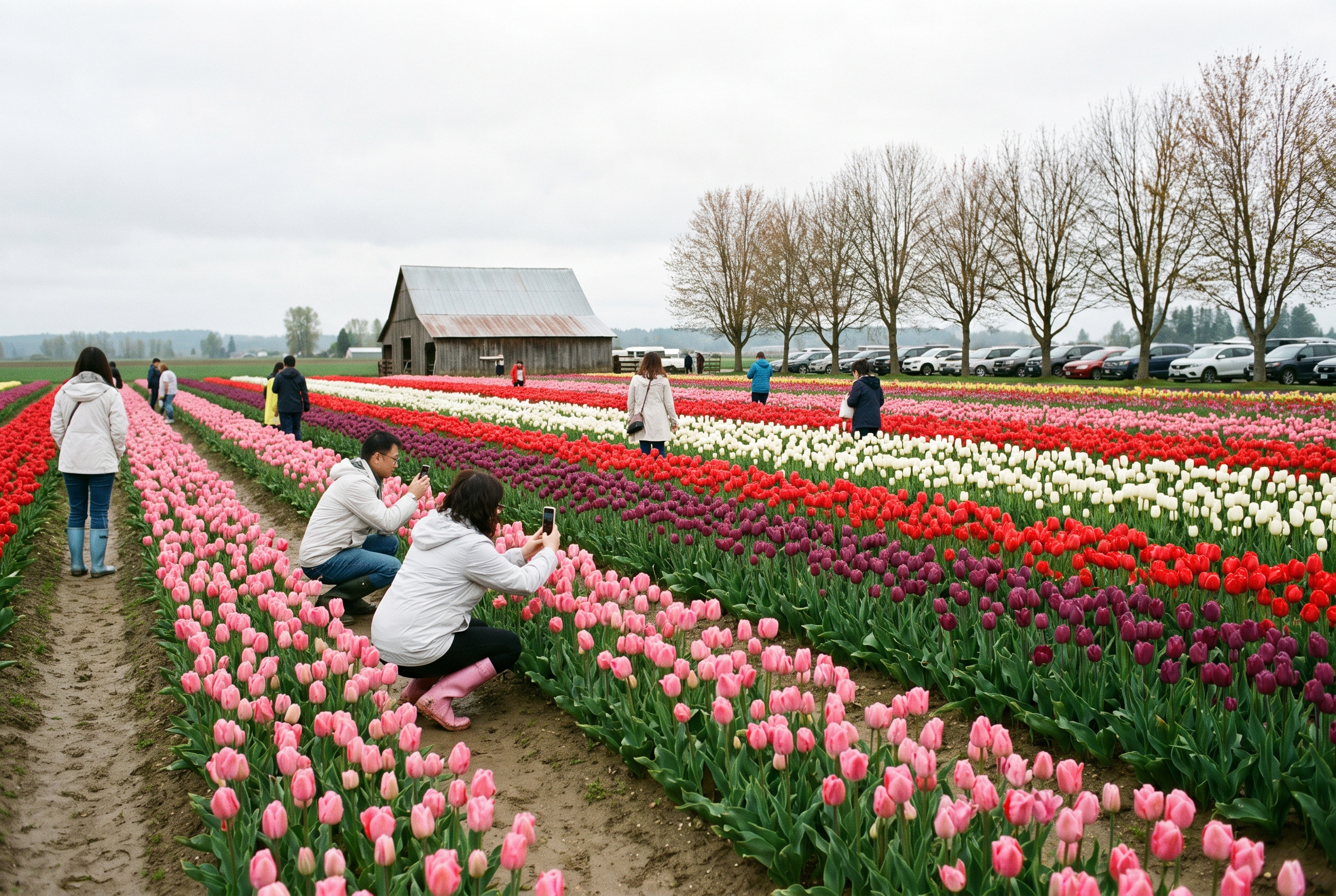 Visitors walking between long rows of pink, red and purple tulips in full bloom at a family farm on an overcast spring afternoon