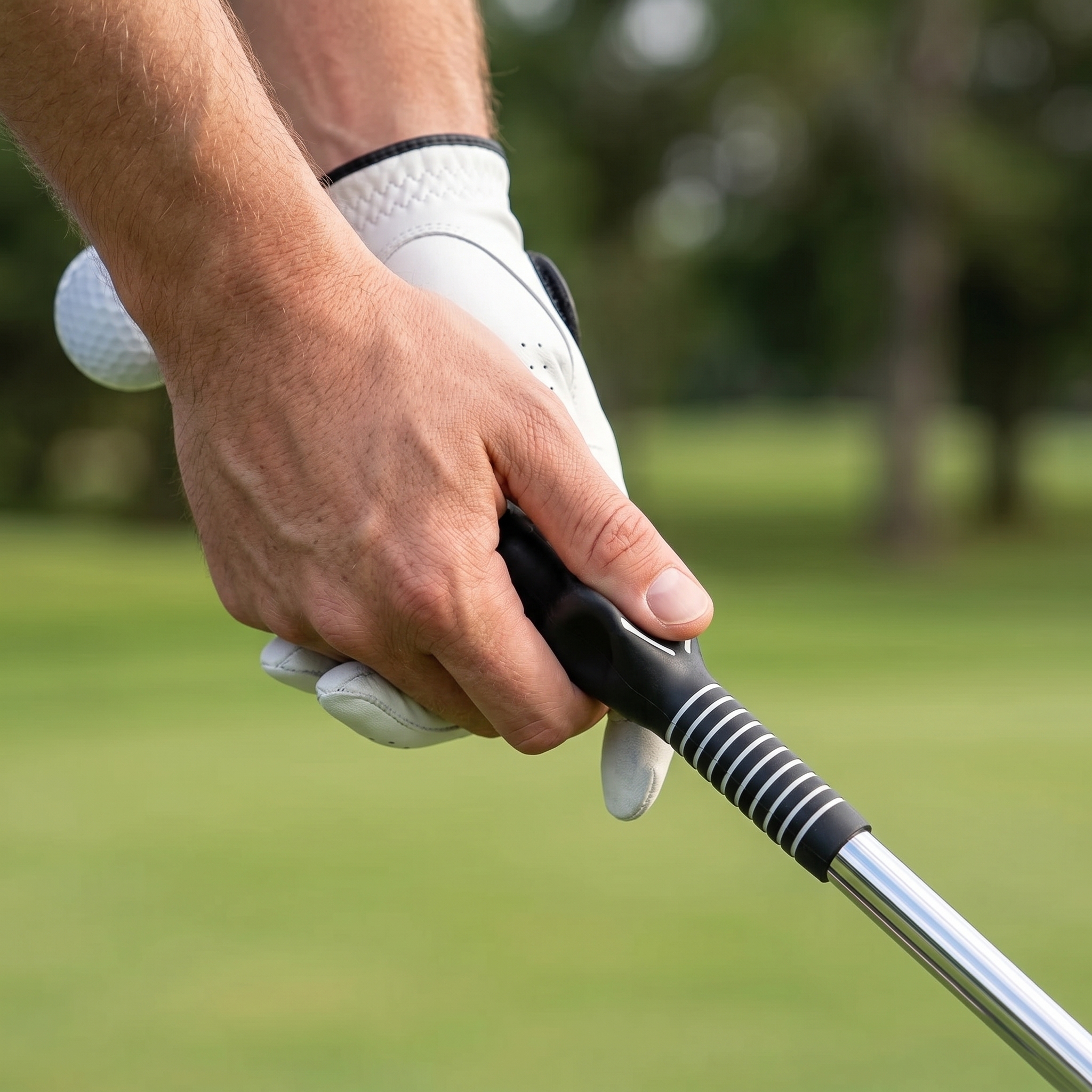 Close-up of golfer holding the Pro Swing Click Trainer