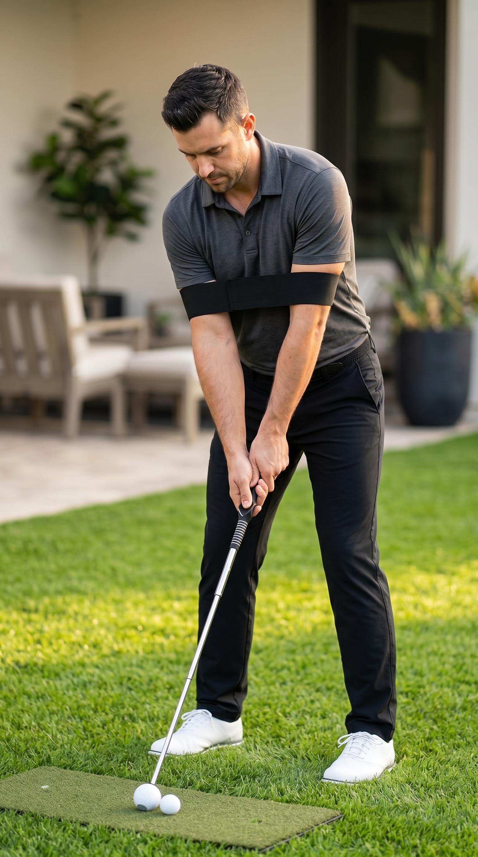 Golfer using the Pro Swing Click Trainer during a backyard practice session