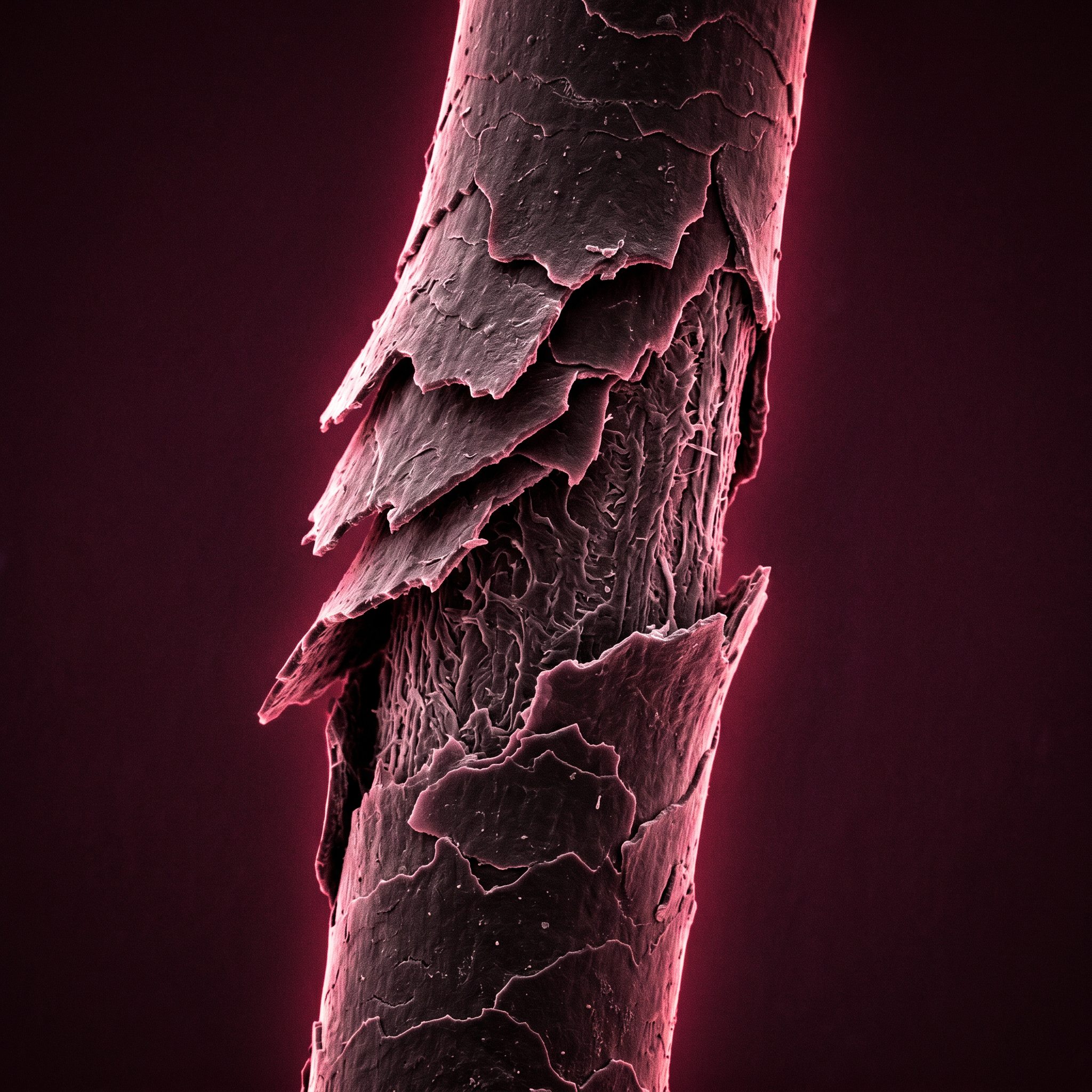 Macro of hair cuticle scales lifting and exposing the cortex