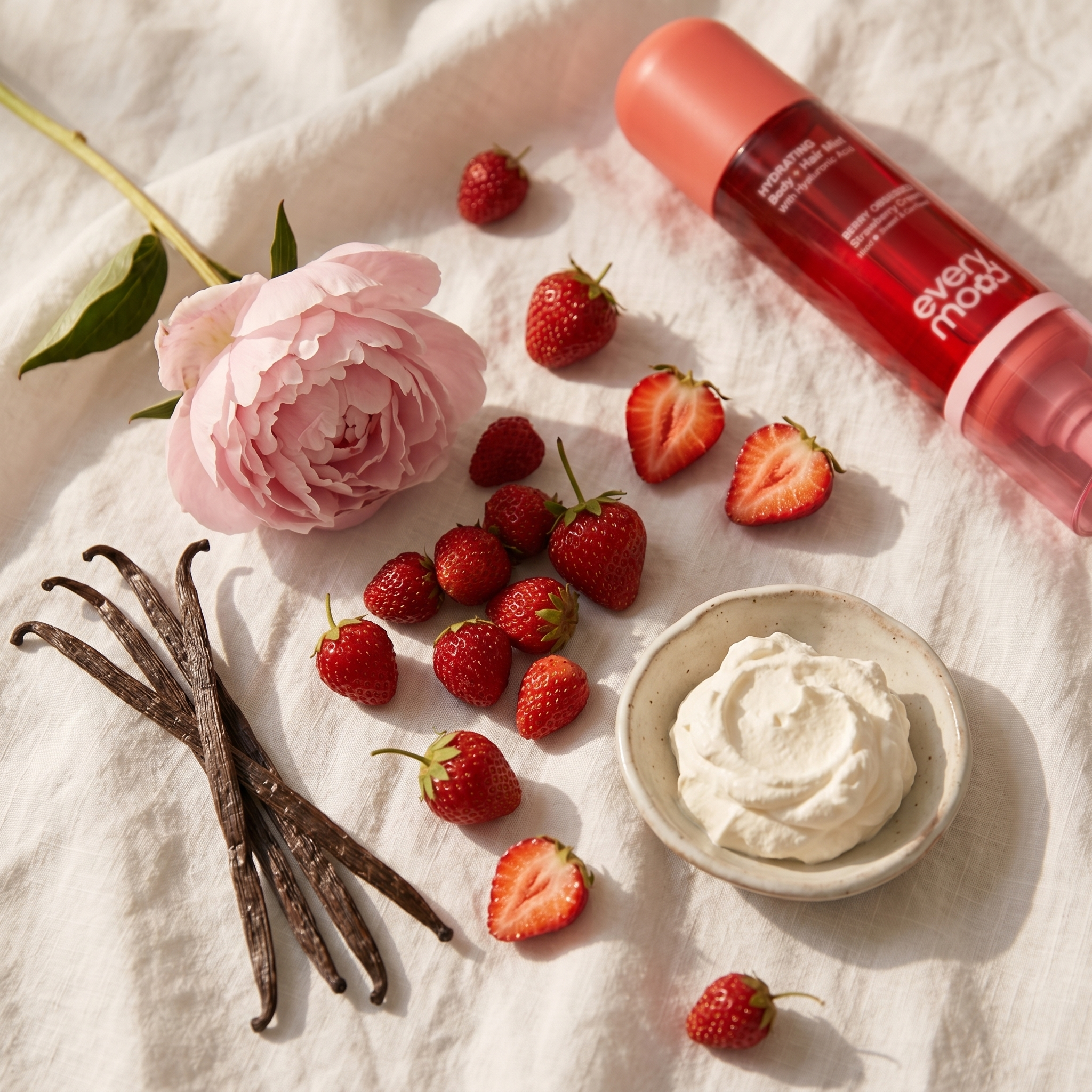 Berry Obsessed scent profile still-life with strawberries, peony, vanilla, and cream