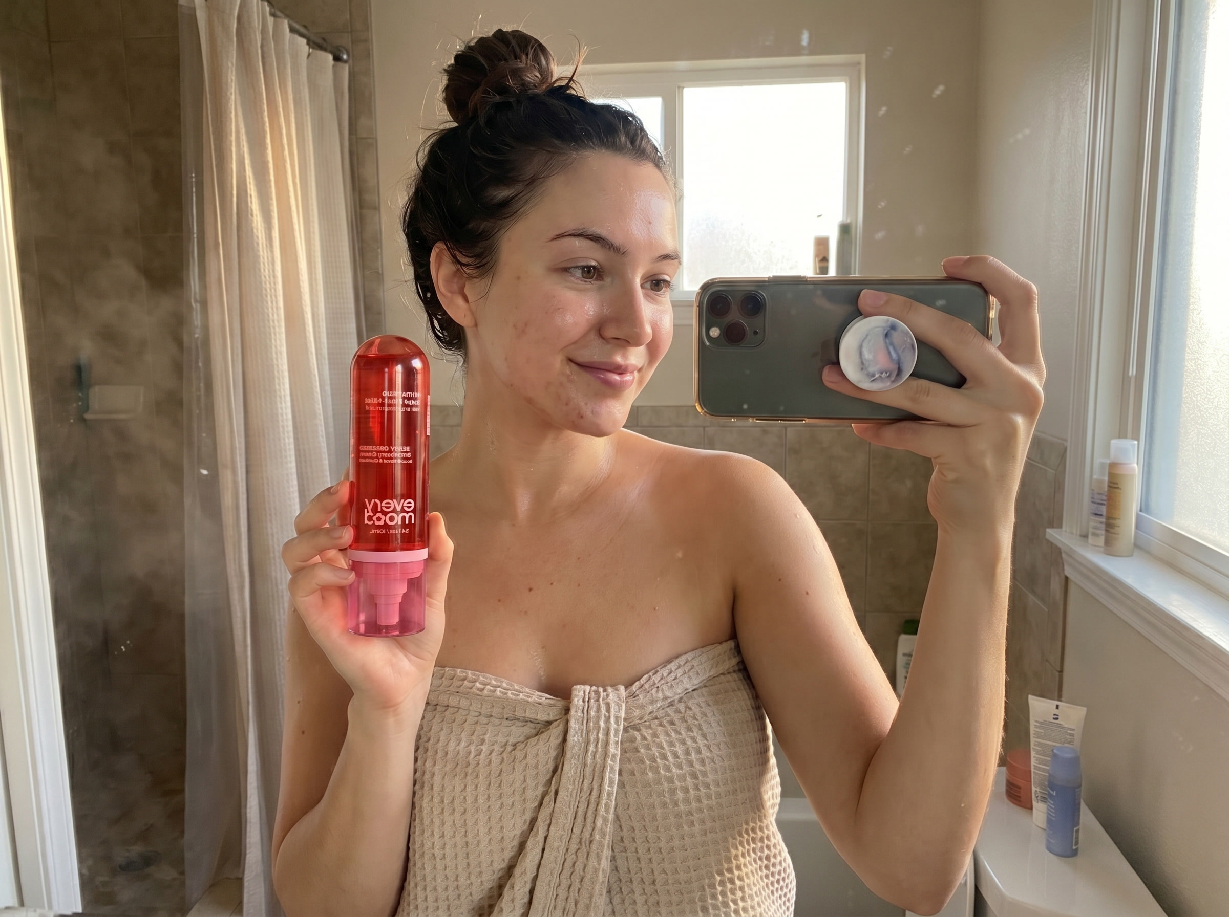 Woman with dewy glowing skin holding Berry Obsessed body mist