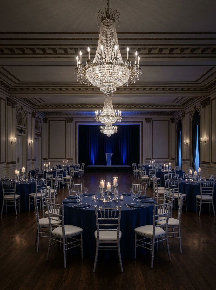 Grand ballroom set for an awards dinner