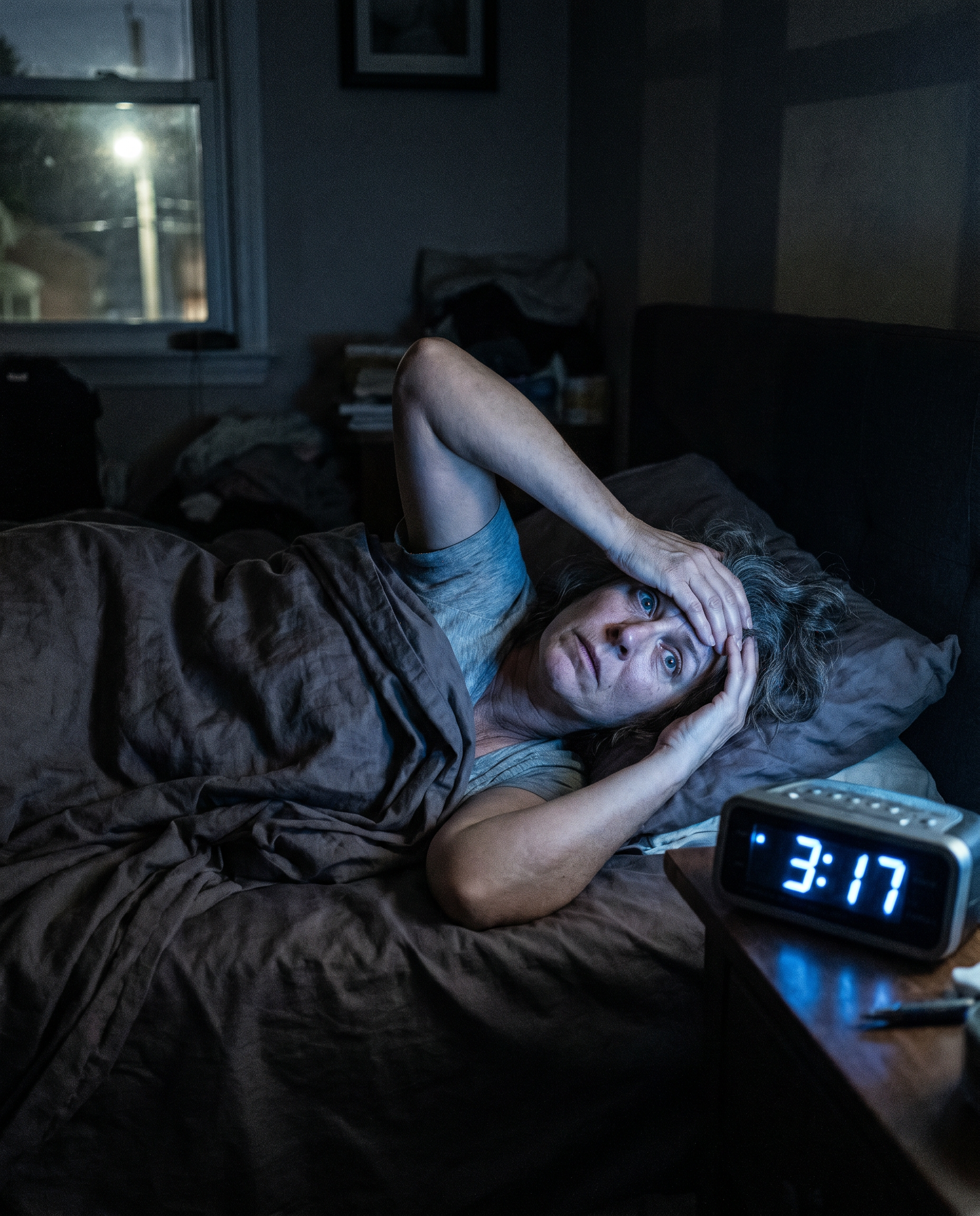 Woman lying wide awake in bed at 3am, exhausted